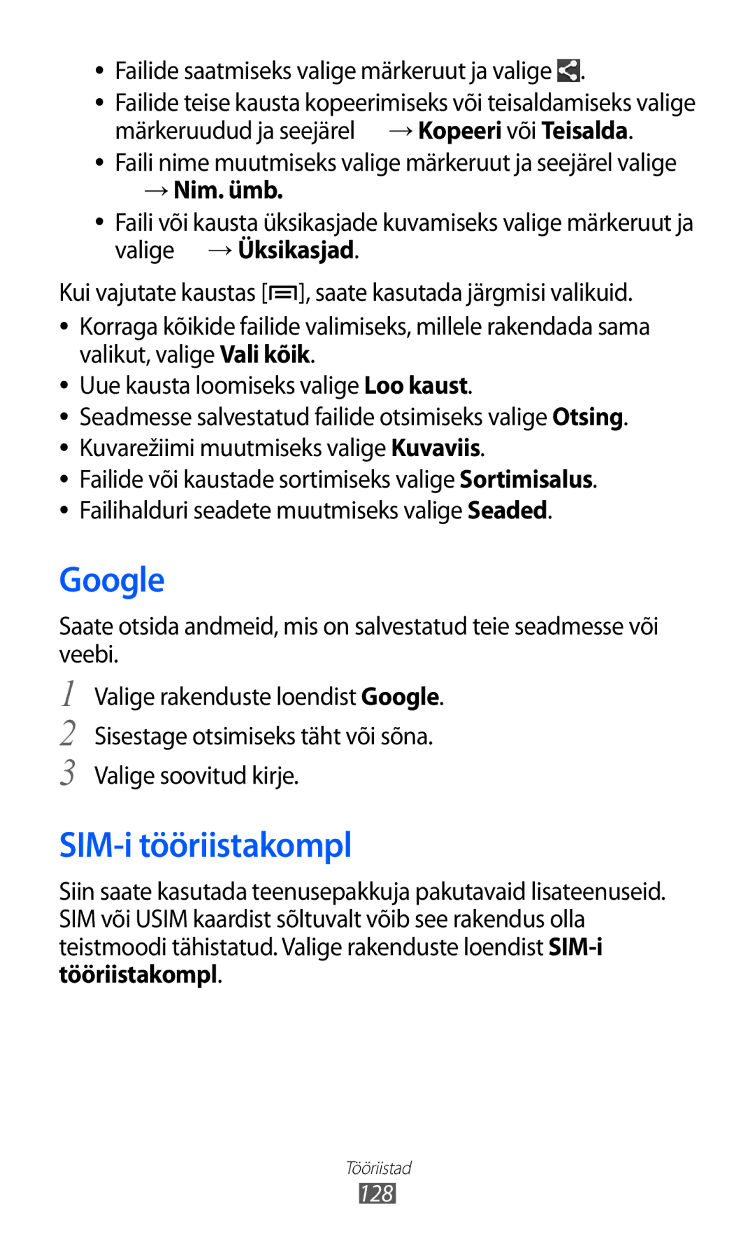 Samsung GT-I9100LKASEB manual Google, SIM-i tööriistakompl, Failide saatmiseks valige märkeruut ja valige, →Nim. ümb 