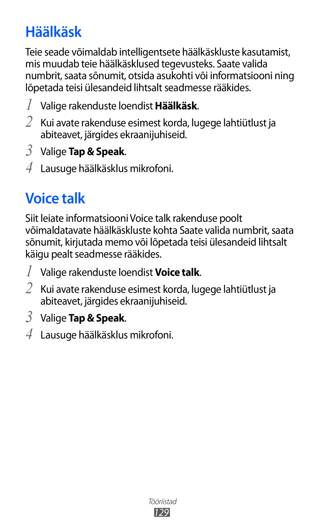 Samsung GT-I9100RWASEB, GT-I9100OIASEB manual Häälkäsk, Voice talk, Valige Tap & Speak, Lausuge häälkäsklus mikrofoni 