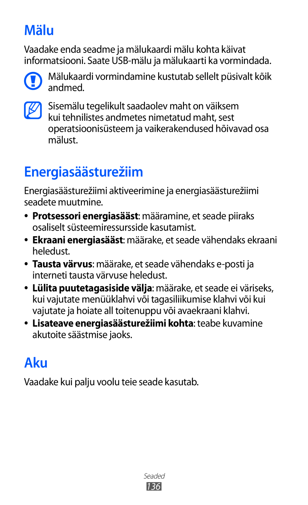 Samsung GT-I9100OIASEB, GT-I9100RWASEB manual Mälu, Energiasäästurežiim, Aku, Vaadake kui palju voolu teie seade kasutab 