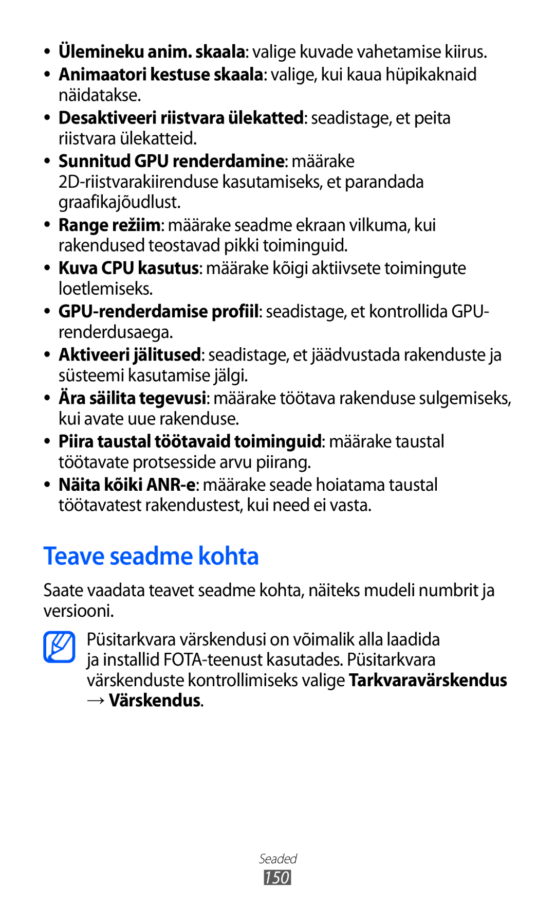 Samsung GT-I9100RWASEB manual Teave seadme kohta, Ülemineku anim. skaala valige kuvade vahetamise kiirus, → Värskendus 