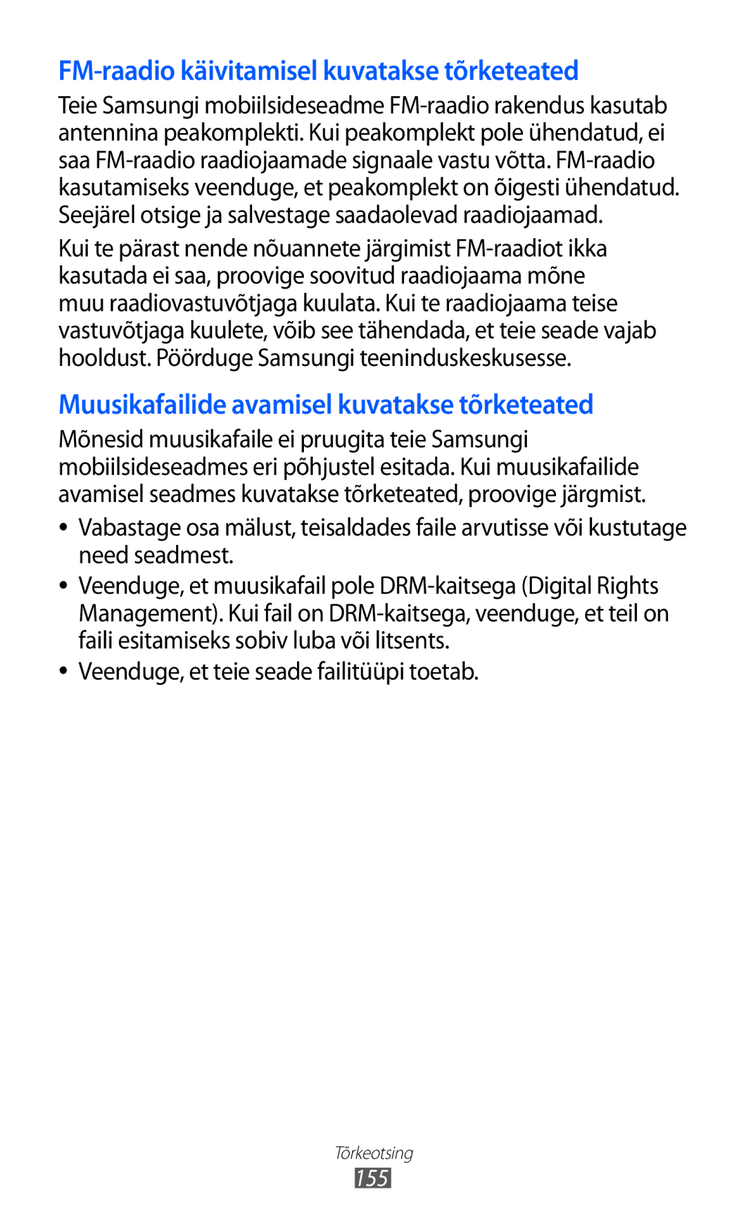 Samsung GT-I9100LKASEB manual FM-raadio käivitamisel kuvatakse tõrketeated, Veenduge, et teie seade failitüüpi toetab 