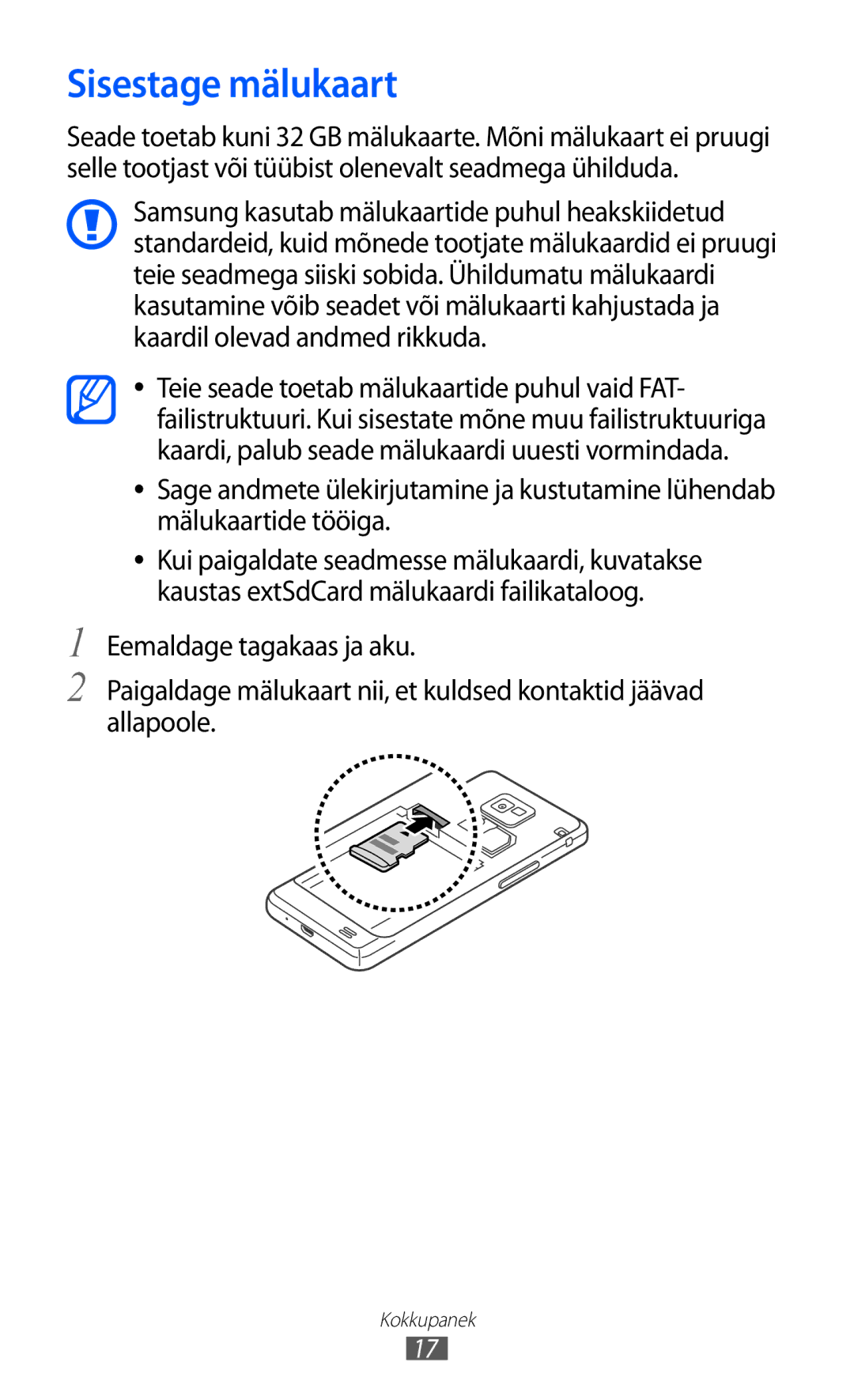 Samsung GT-I9100LKASEB, GT-I9100RWASEB, GT-I9100OIASEB manual Sisestage mälukaart 