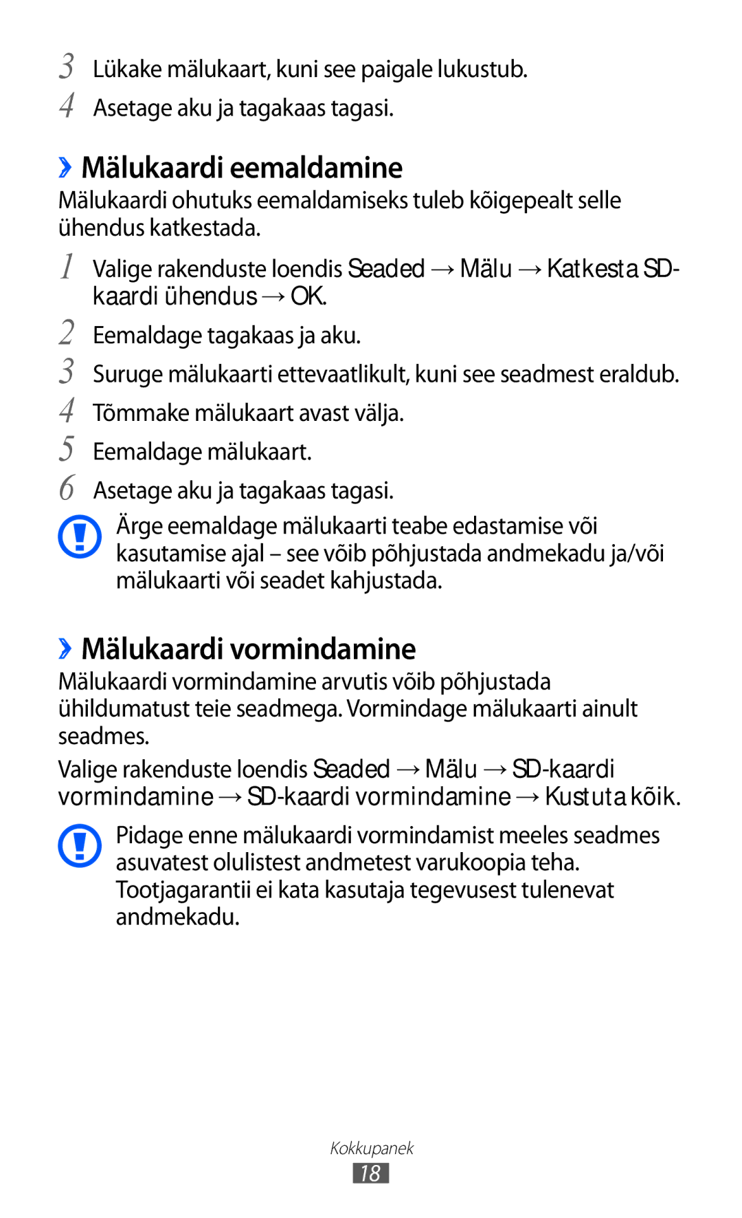 Samsung GT-I9100RWASEB, GT-I9100OIASEB manual ››Mälukaardi eemaldamine, ››Mälukaardi vormindamine, Kaardi ühendus →OK 