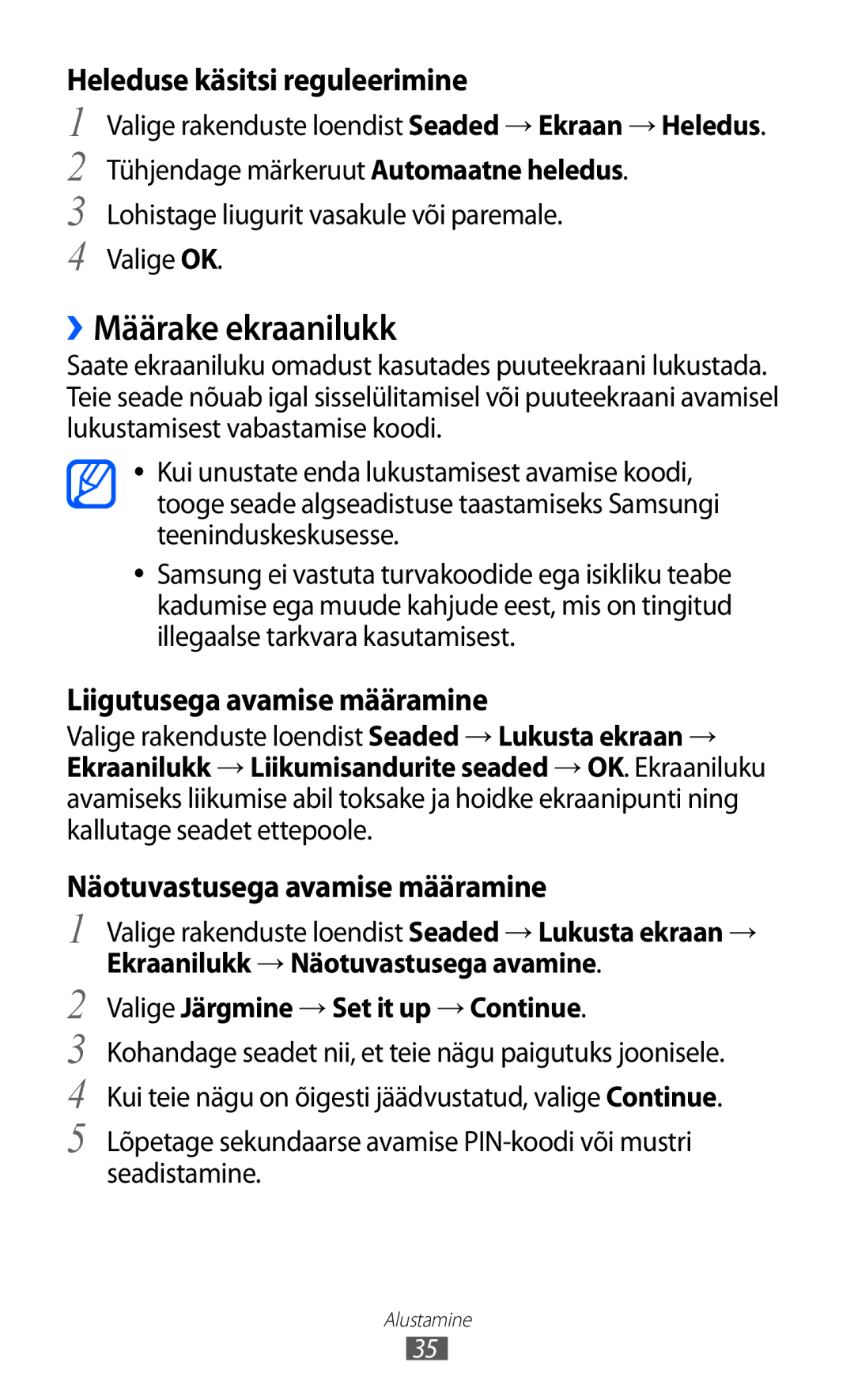 Samsung GT-I9100LKASEB manual ››Määrake ekraanilukk, Heleduse käsitsi reguleerimine, Liigutusega avamise määramine 