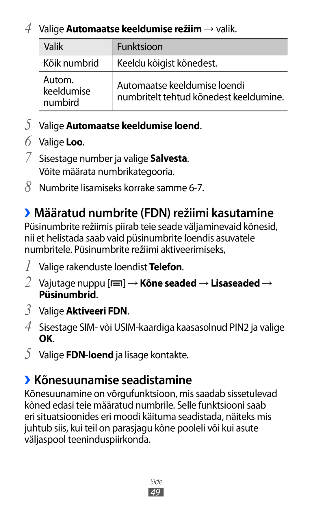 Samsung GT-I9100OIASEB ››Kõnesuunamise seadistamine, Valige Automaatse keeldumise režiim →valik, Valige Aktiveeri FDN 