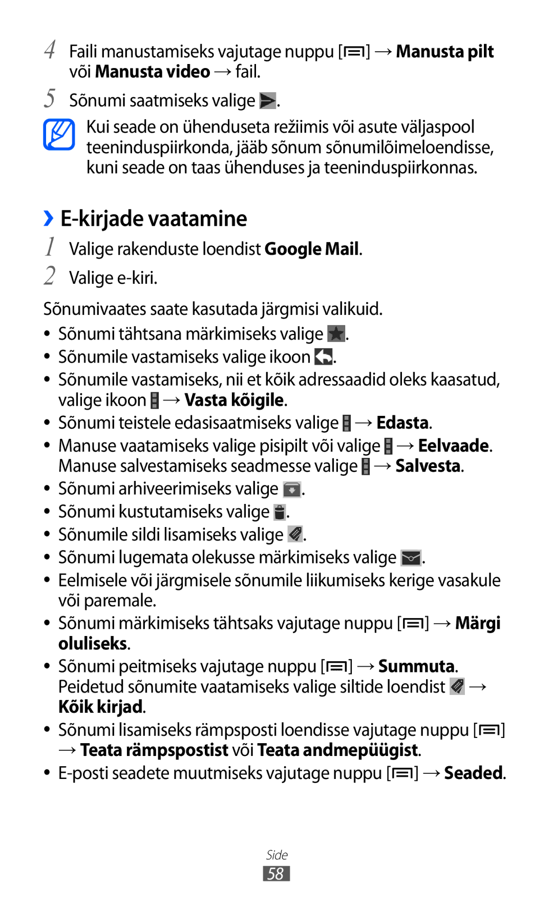 Samsung GT-I9100OIASEB, GT-I9100RWASEB manual ››E-kirjade vaatamine, Valige rakenduste loendist Google Mail Valige e-kiri 