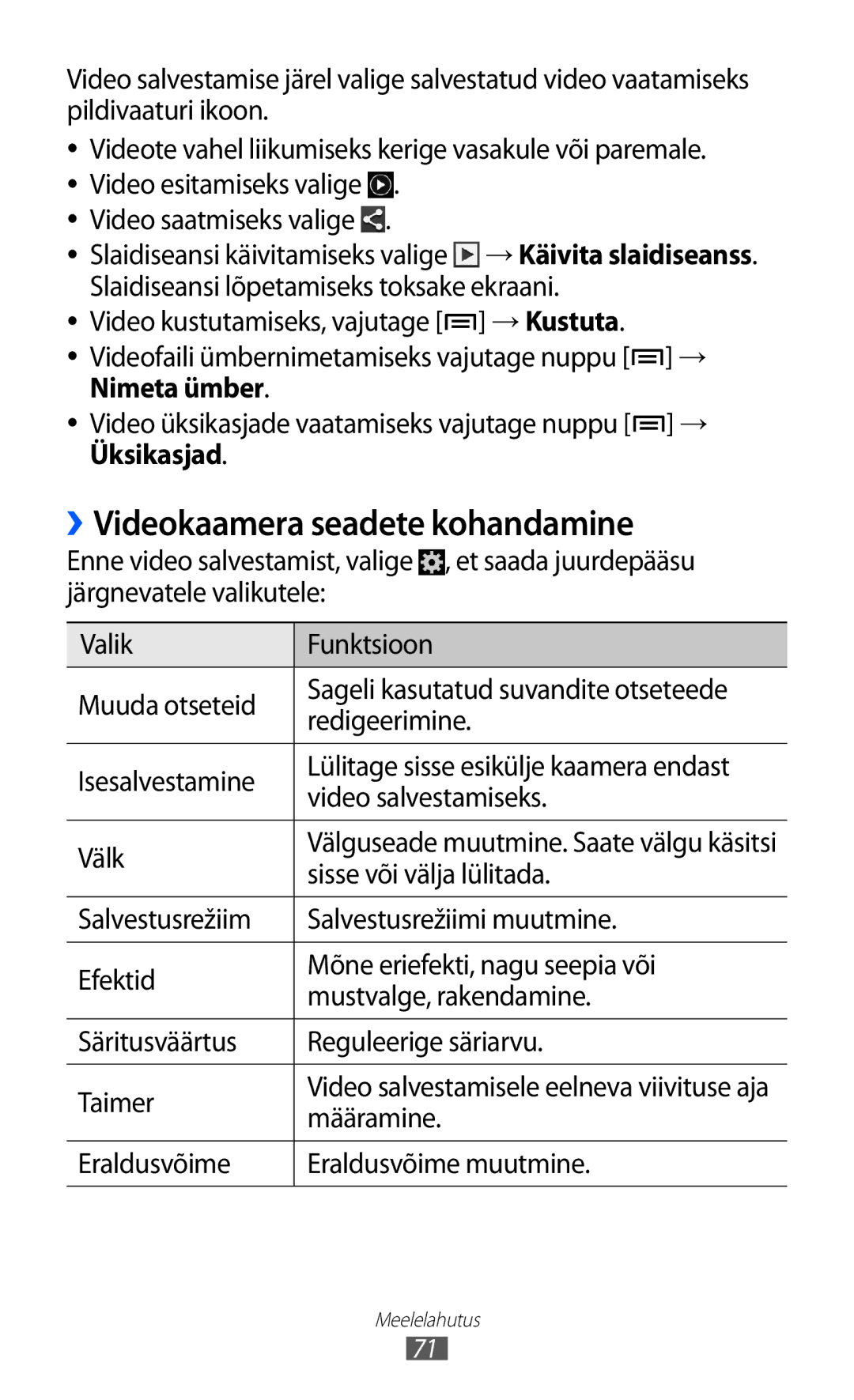 Samsung GT-I9100LKASEB manual ››Videokaamera seadete kohandamine, Video salvestamiseks, Välk, Sisse või välja lülitada 