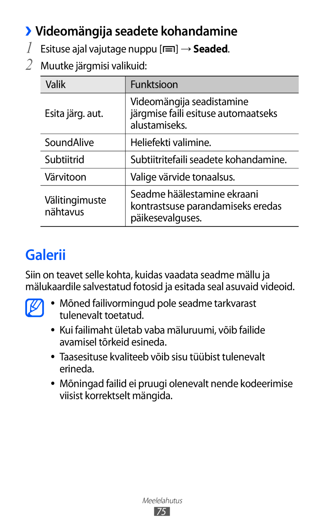 Samsung GT-I9100RWASEB, GT-I9100OIASEB, GT-I9100LKASEB manual Galerii, ››Videomängija seadete kohandamine, Päikesevalguses 