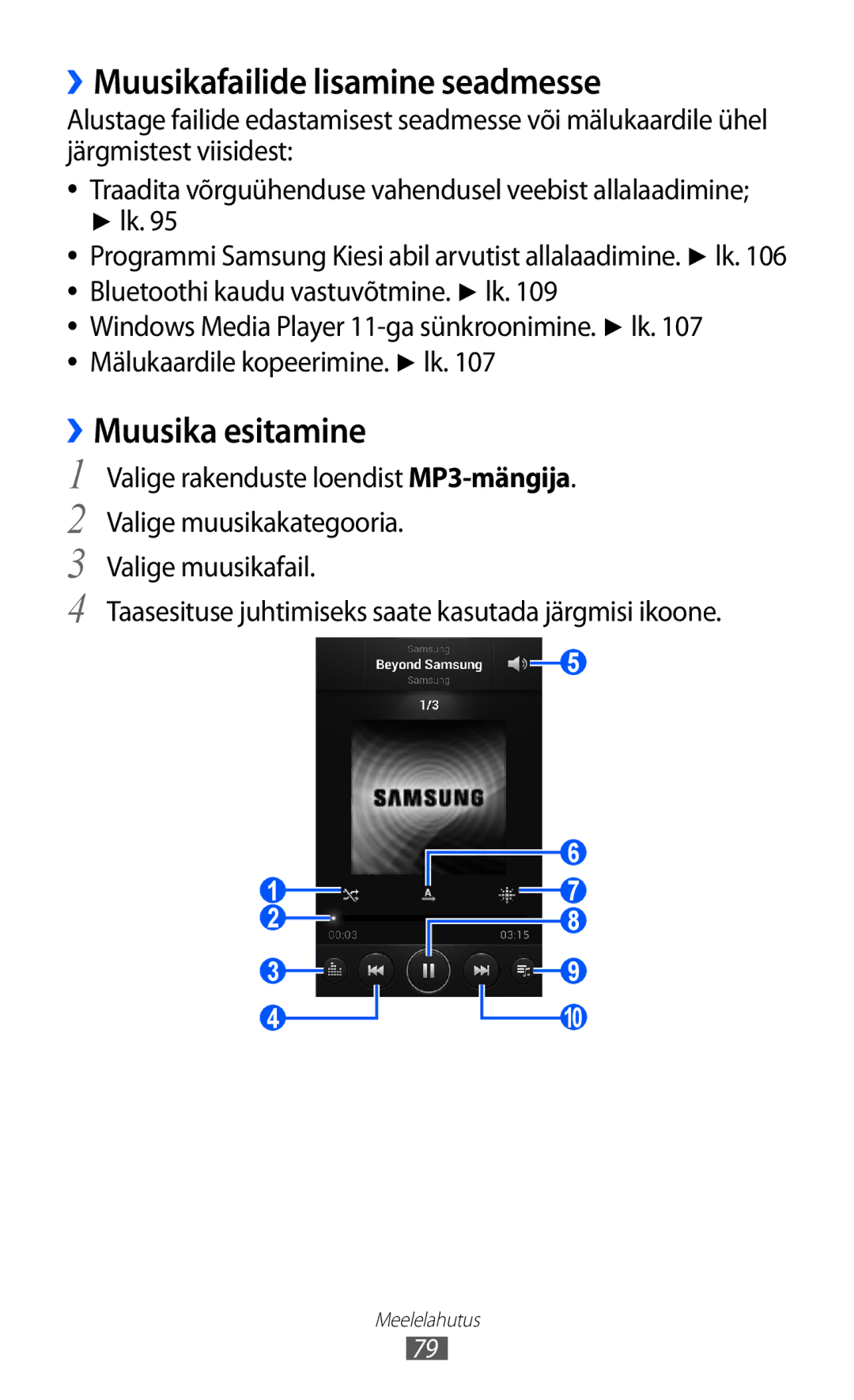 Samsung GT-I9100OIASEB, GT-I9100RWASEB, GT-I9100LKASEB manual ››Muusikafailide lisamine seadmesse, ››Muusika esitamine 