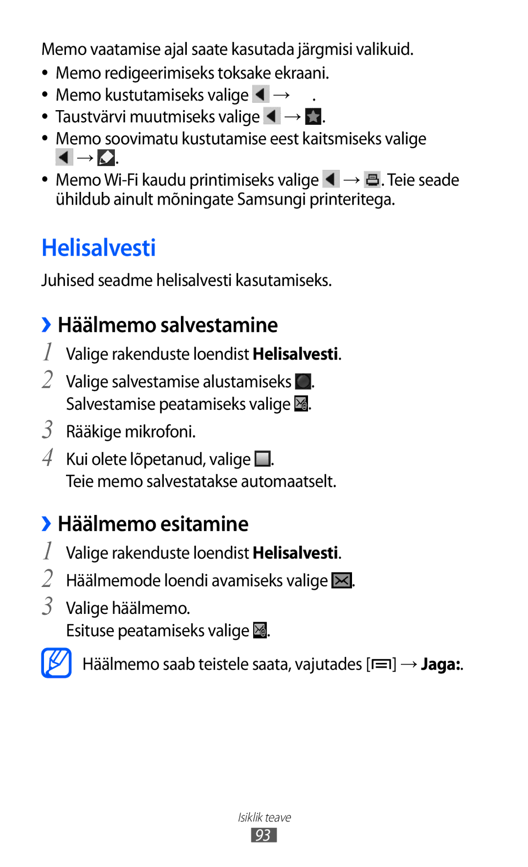 Samsung GT-I9100RWASEB, GT-I9100OIASEB, GT-I9100LKASEB manual Helisalvesti, ››Häälmemo salvestamine, ››Häälmemo esitamine 