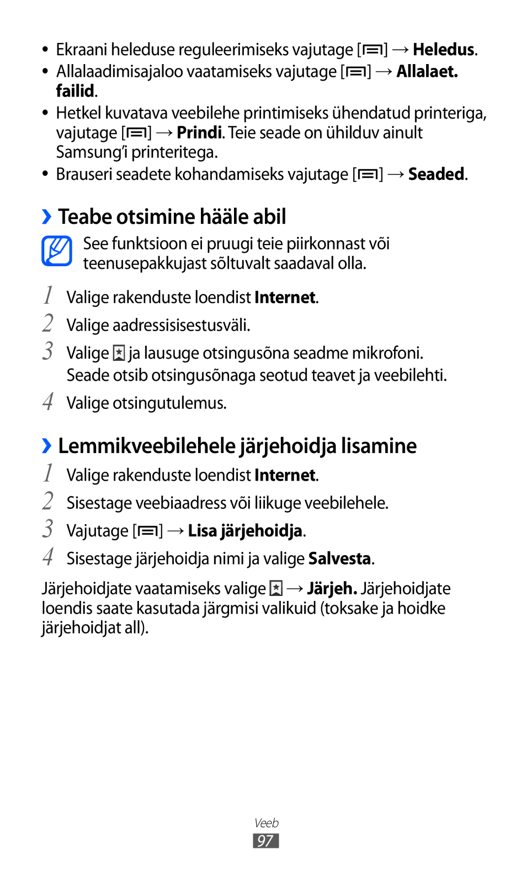 Samsung GT-I9100OIASEB manual ››Teabe otsimine hääle abil, ››Lemmikveebilehele järjehoidja lisamine, Valige otsingutulemus 