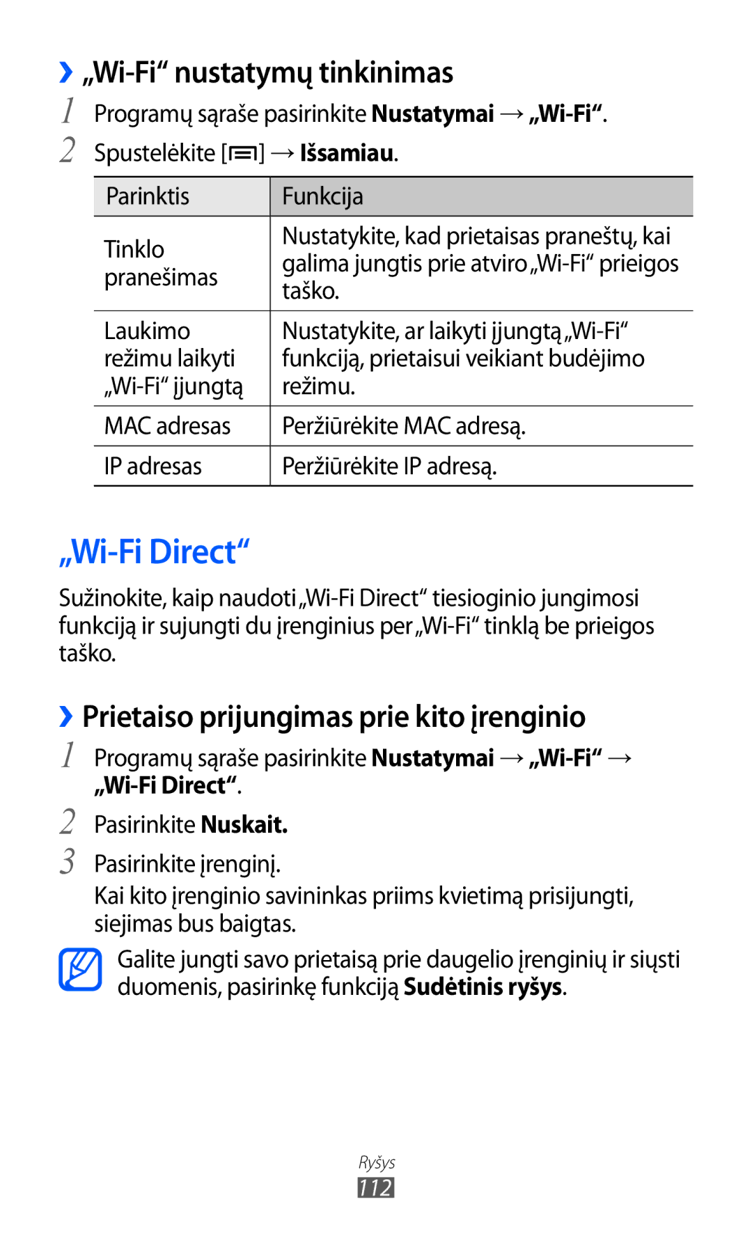 Samsung GT-I9100OIASEB manual „Wi-Fi Direct, ››„Wi-Fi nustatymų tinkinimas, ››Prietaiso prijungimas prie kito įrenginio 