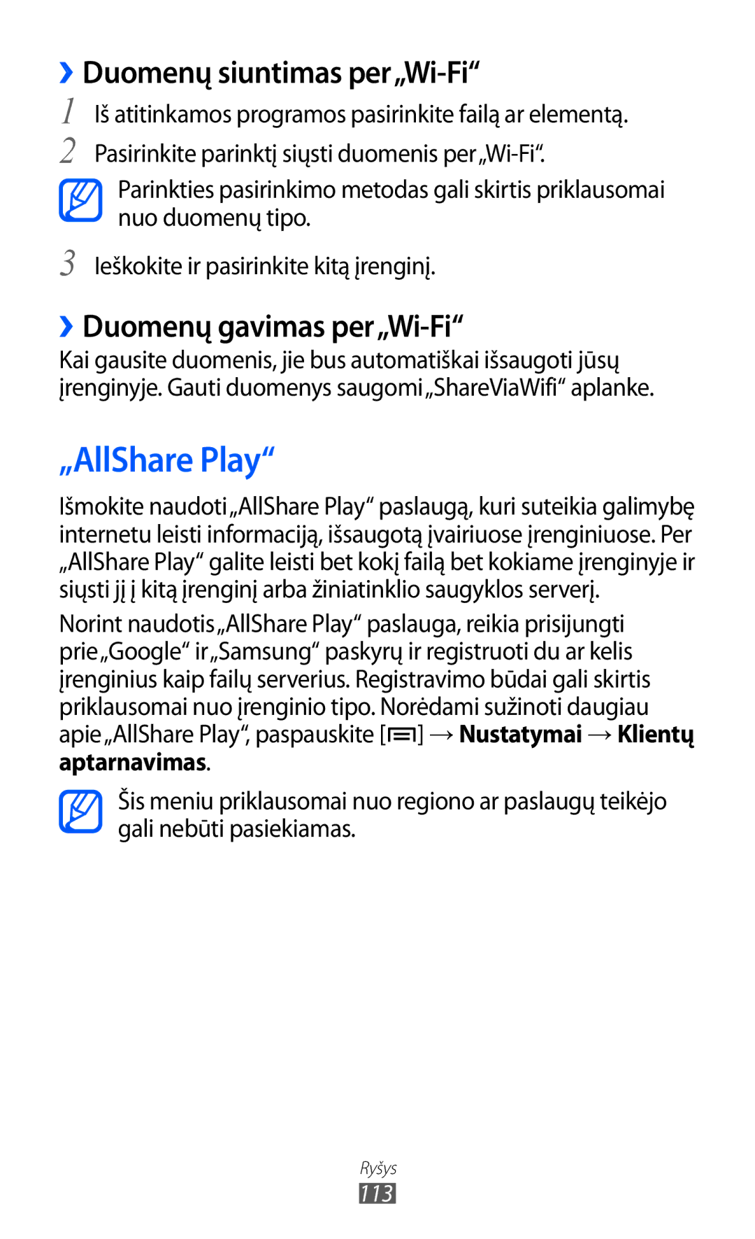 Samsung GT-I9100LKASEB, GT-I9100RWASEB manual „AllShare Play, ››Duomenų siuntimas per„Wi-Fi, ››Duomenų gavimas per„Wi-Fi 