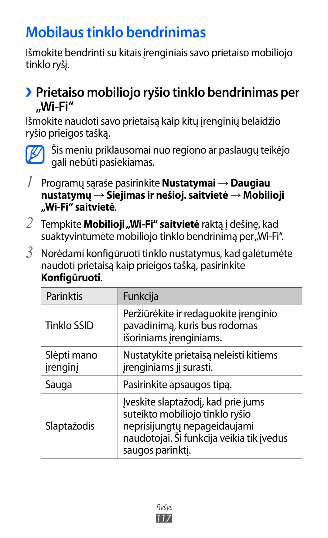 Samsung GT-I9100RWASEB manual Mobilaus tinklo bendrinimas, ››Prietaiso mobiliojo ryšio tinklo bendrinimas per „Wi-Fi 