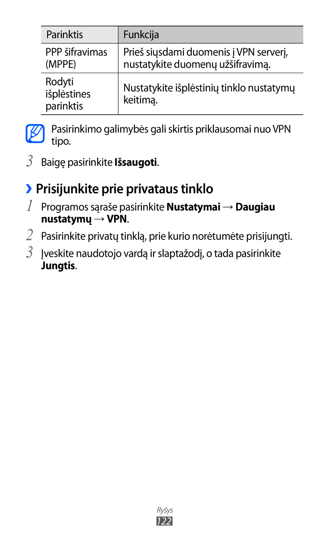 Samsung GT-I9100LKASEB ››Prisijunkite prie privataus tinklo, Nustatykite duomenų užšifravimą, Keitimą, Nustatymų →VPN 