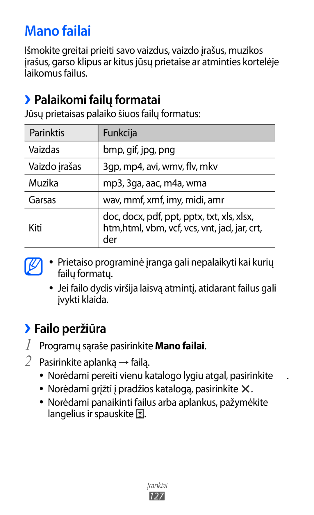 Samsung GT-I9100OIASEB, GT-I9100RWASEB, GT-I9100LKASEB manual Mano failai, ››Palaikomi failų formatai, ››Failo peržiūra, Der 