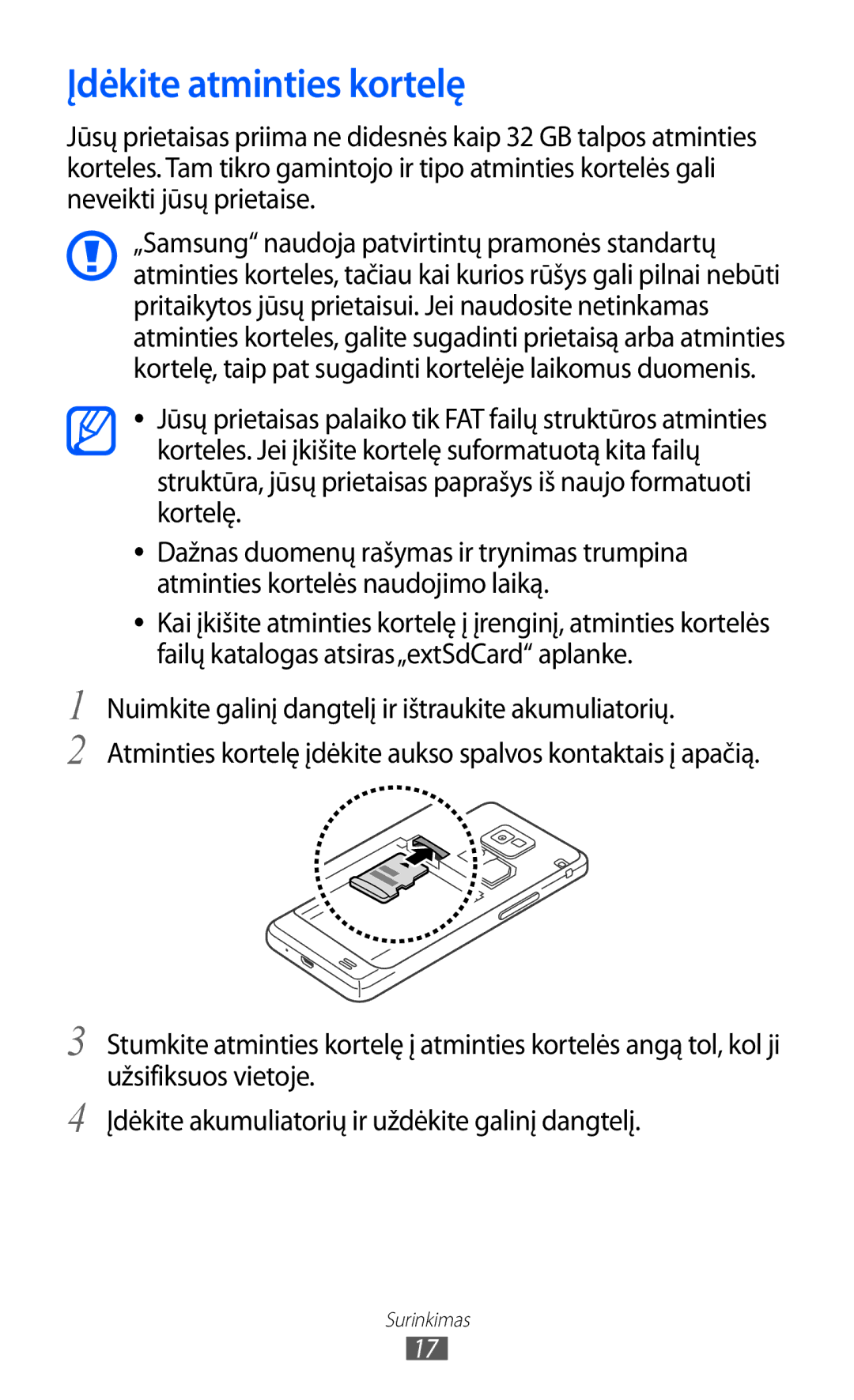 Samsung GT-I9100LKASEB, GT-I9100RWASEB, GT-I9100OIASEB manual Įdėkite atminties kortelę 