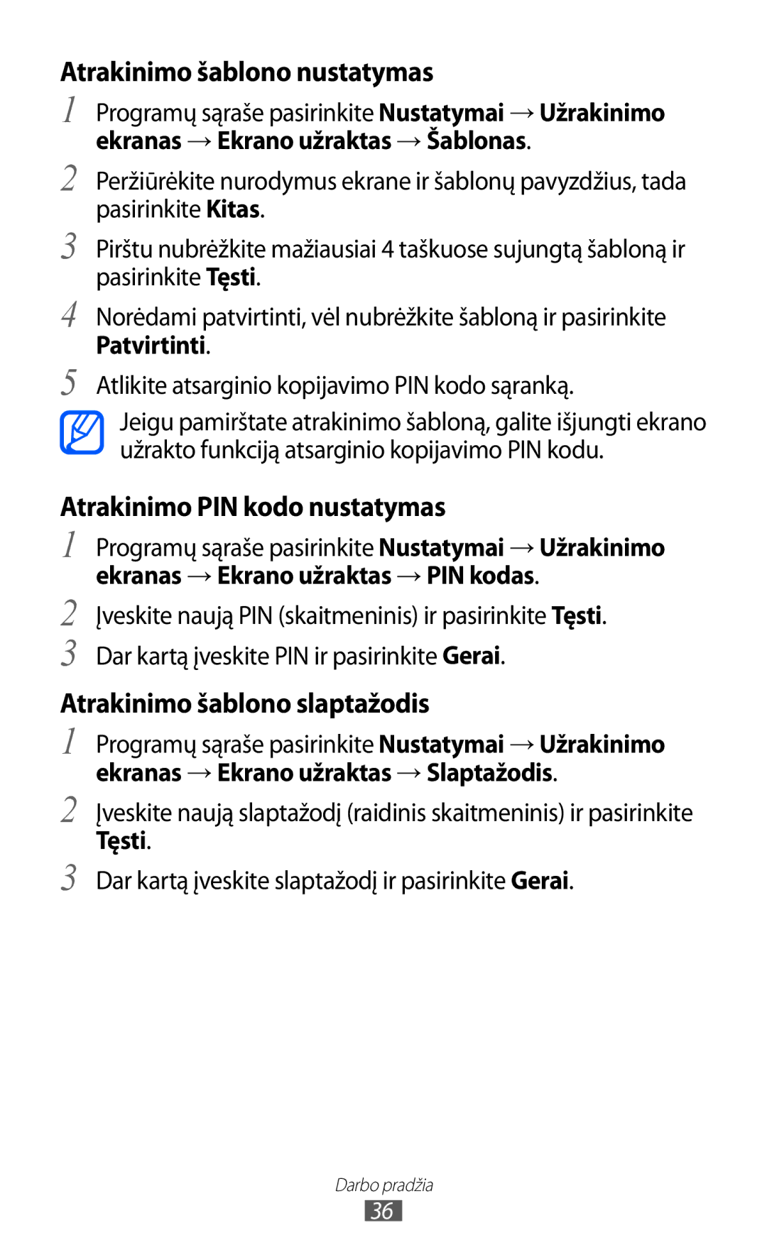 Samsung GT-I9100RWASEB manual Atrakinimo šablono nustatymas, Atrakinimo PIN kodo nustatymas, Atrakinimo šablono slaptažodis 