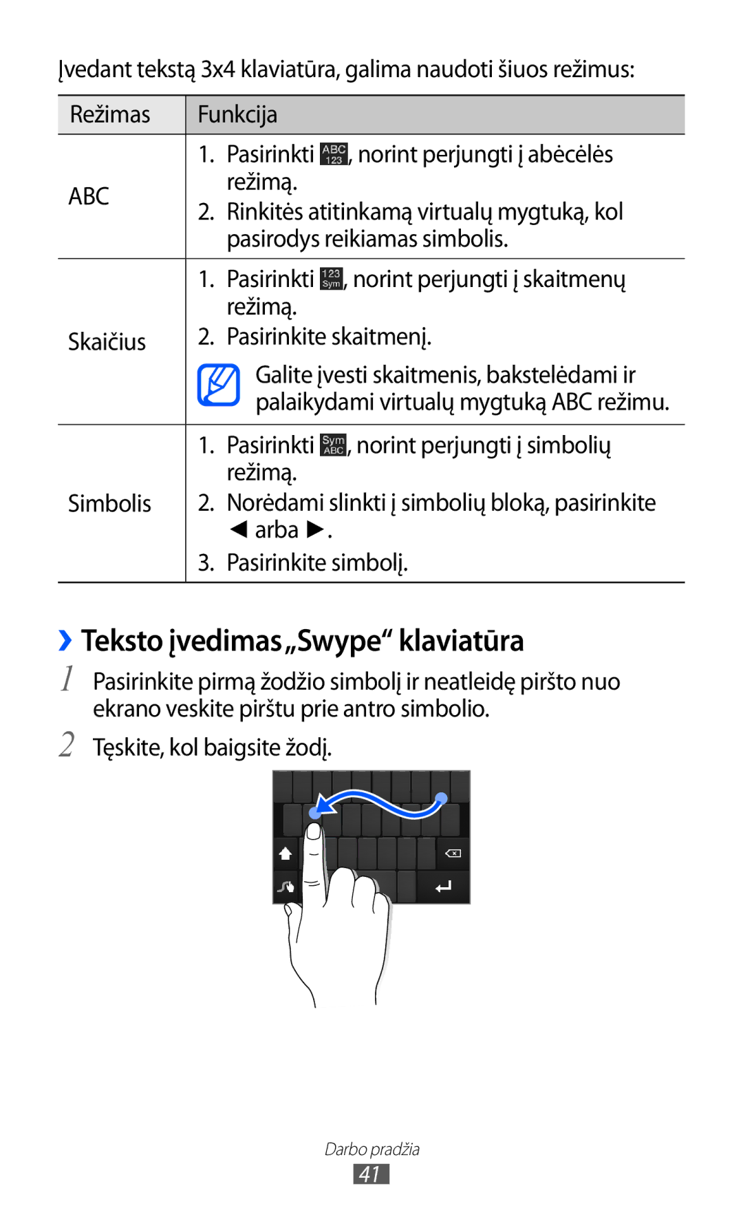 Samsung GT-I9100LKASEB manual ››Teksto įvedimas„Swype klaviatūra, Pasirinkti Norint perjungti į simbolių Režimą Simbolis 