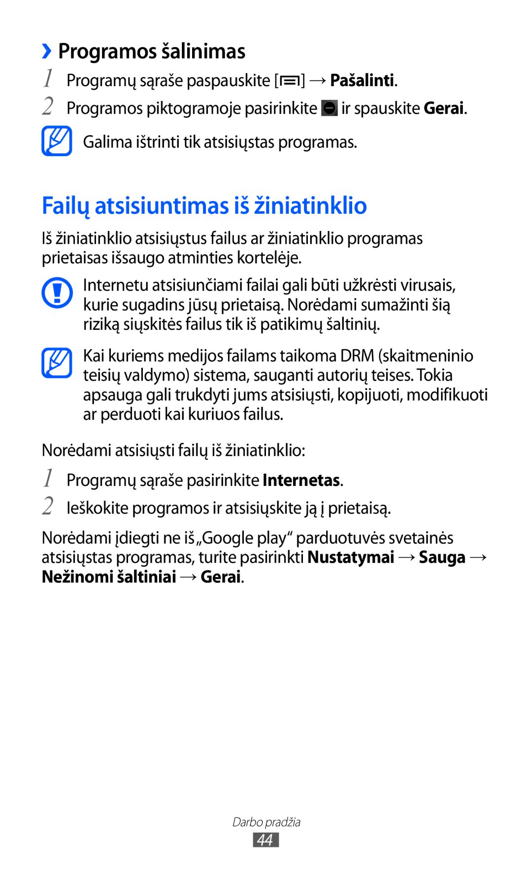 Samsung GT-I9100LKASEB manual Failų atsisiuntimas iš žiniatinklio, ››Programos šalinimas, Nežinomi šaltiniai →Gerai 