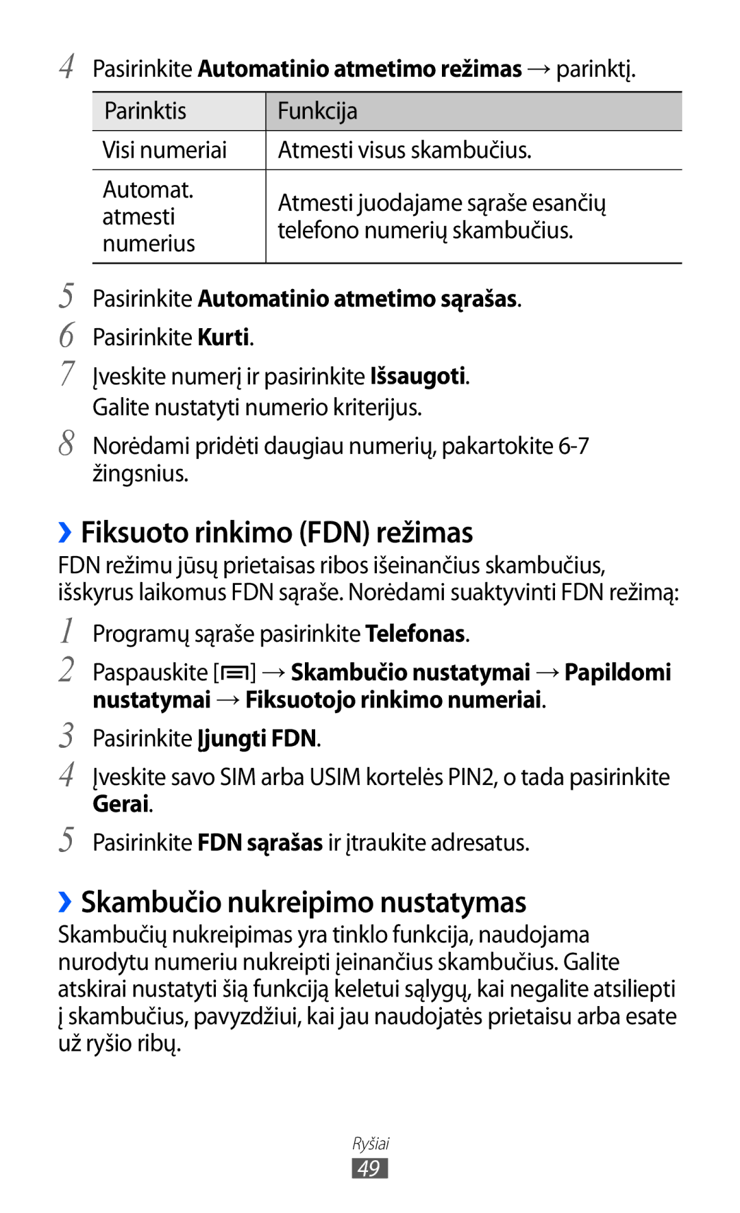 Samsung GT-I9100OIASEB, GT-I9100RWASEB manual ››Fiksuoto rinkimo FDN režimas, ››Skambučio nukreipimo nustatymas, Gerai 