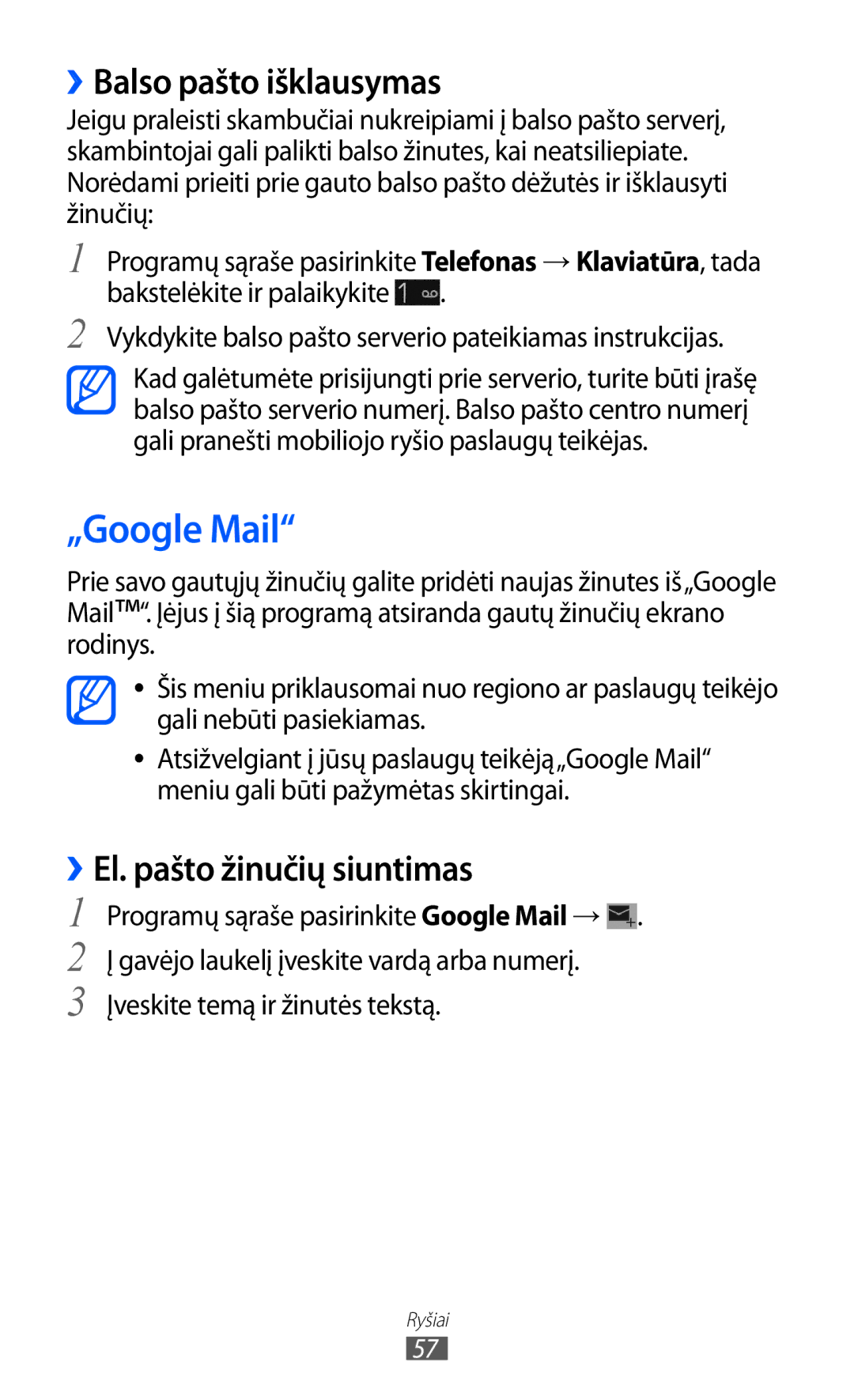 Samsung GT-I9100RWASEB, GT-I9100OIASEB manual „Google Mail, ››Balso pašto išklausymas, ››El. pašto žinučių siuntimas 