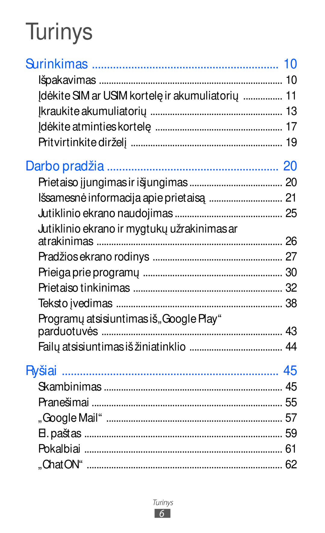 Samsung GT-I9100RWASEB manual Turinys, Jutiklinio ekrano ir mygtukų užrakinimas ar, Programų atsisiuntimas iš„Google Play 