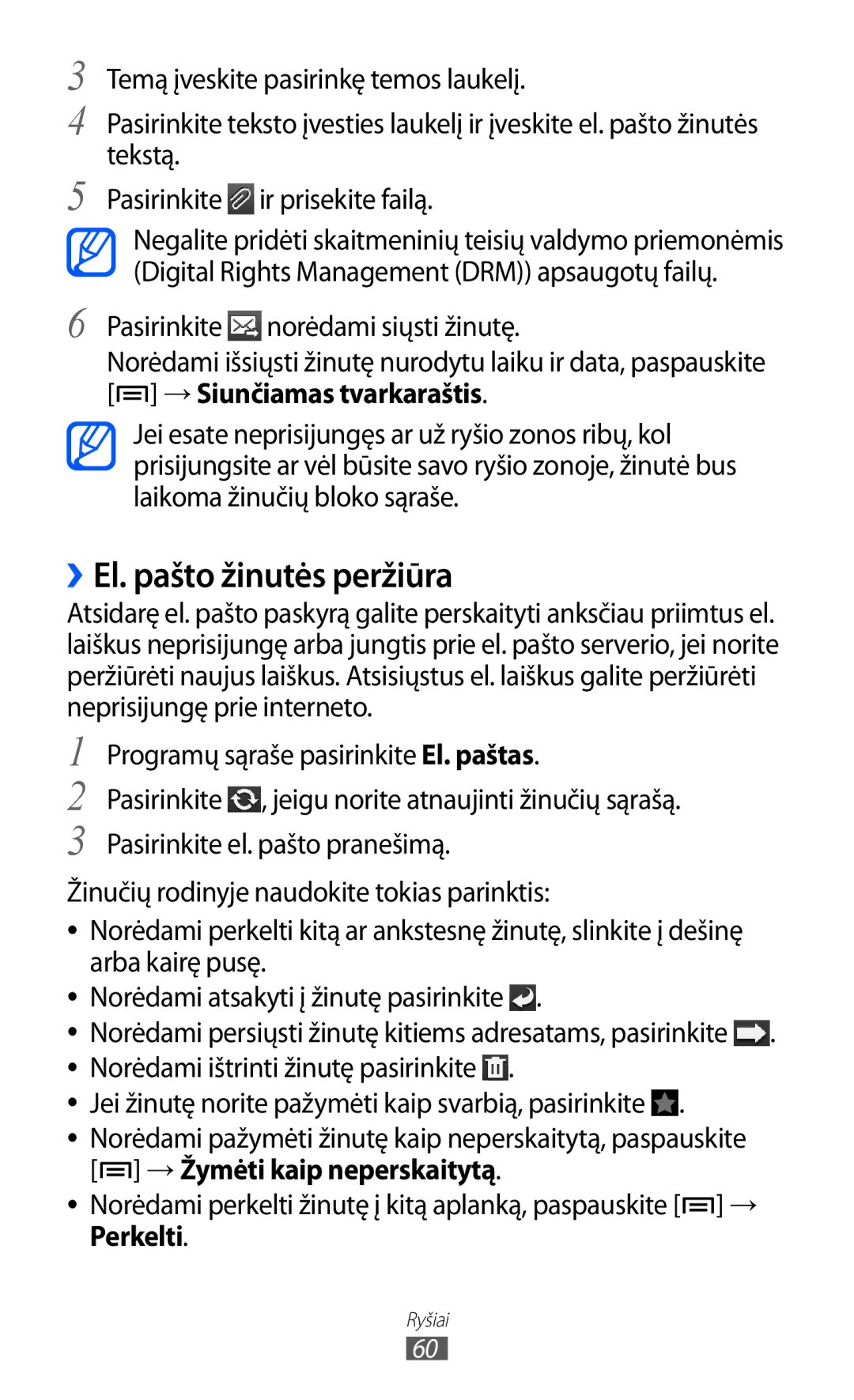 Samsung GT-I9100RWASEB, GT-I9100OIASEB, GT-I9100LKASEB ››El. pašto žinutės peržiūra, →Žymėti kaip neperskaitytą, Perkelti 