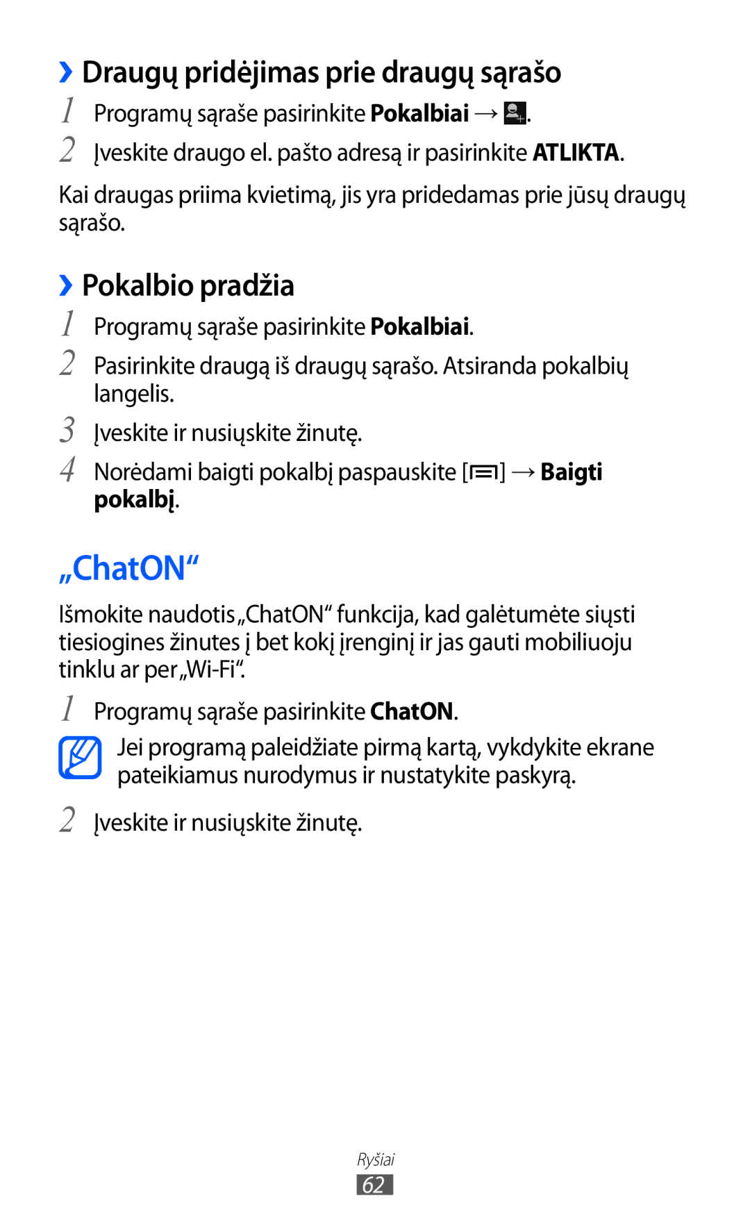 Samsung GT-I9100LKASEB, GT-I9100RWASEB manual „ChatON, ››Draugų pridėjimas prie draugų sąrašo, ››Pokalbio pradžia, Pokalbį 