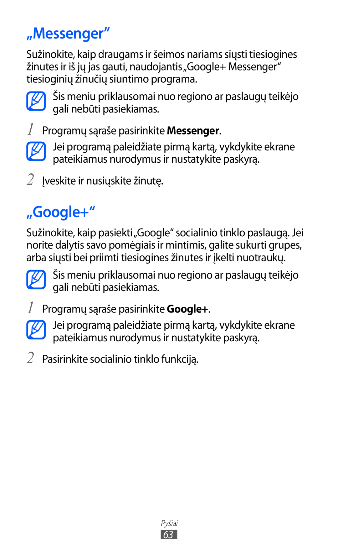 Samsung GT-I9100RWASEB, GT-I9100OIASEB, GT-I9100LKASEB manual „Messenger, „Google+, Pasirinkite socialinio tinklo funkciją 