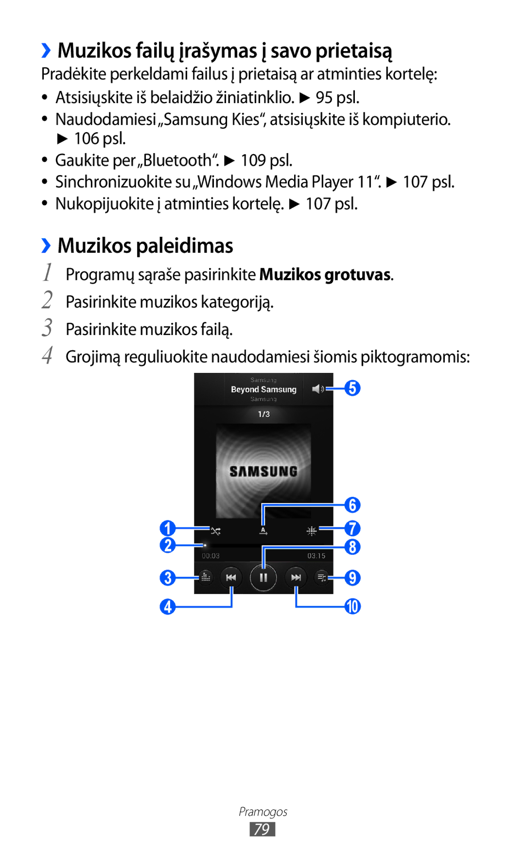 Samsung GT-I9100OIASEB, GT-I9100RWASEB, GT-I9100LKASEB manual ››Muzikos failų įrašymas į savo prietaisą, ››Muzikos paleidimas 