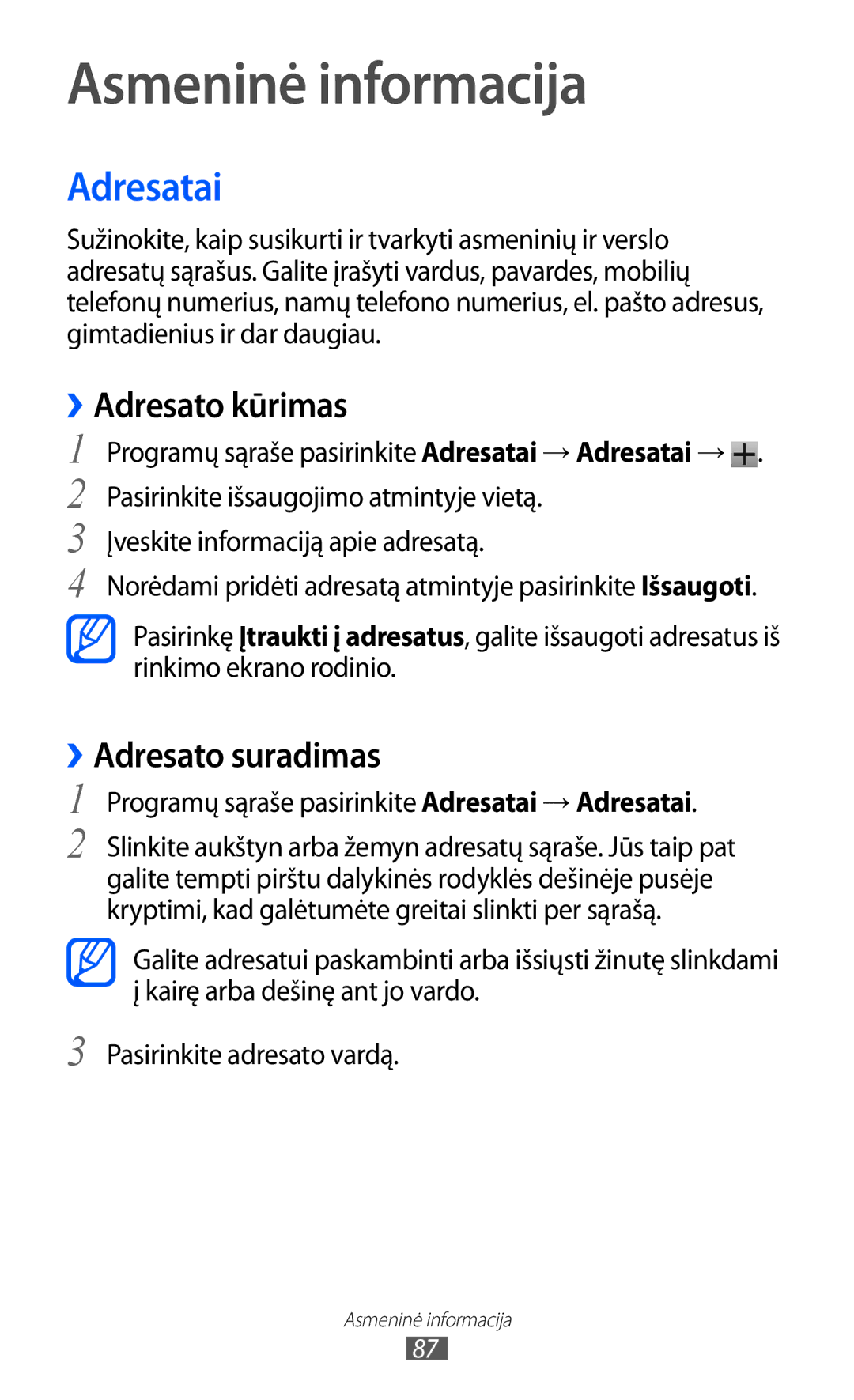 Samsung GT-I9100RWASEB, GT-I9100OIASEB manual Asmeninė informacija, Adresatai, ››Adresato kūrimas, ››Adresato suradimas 