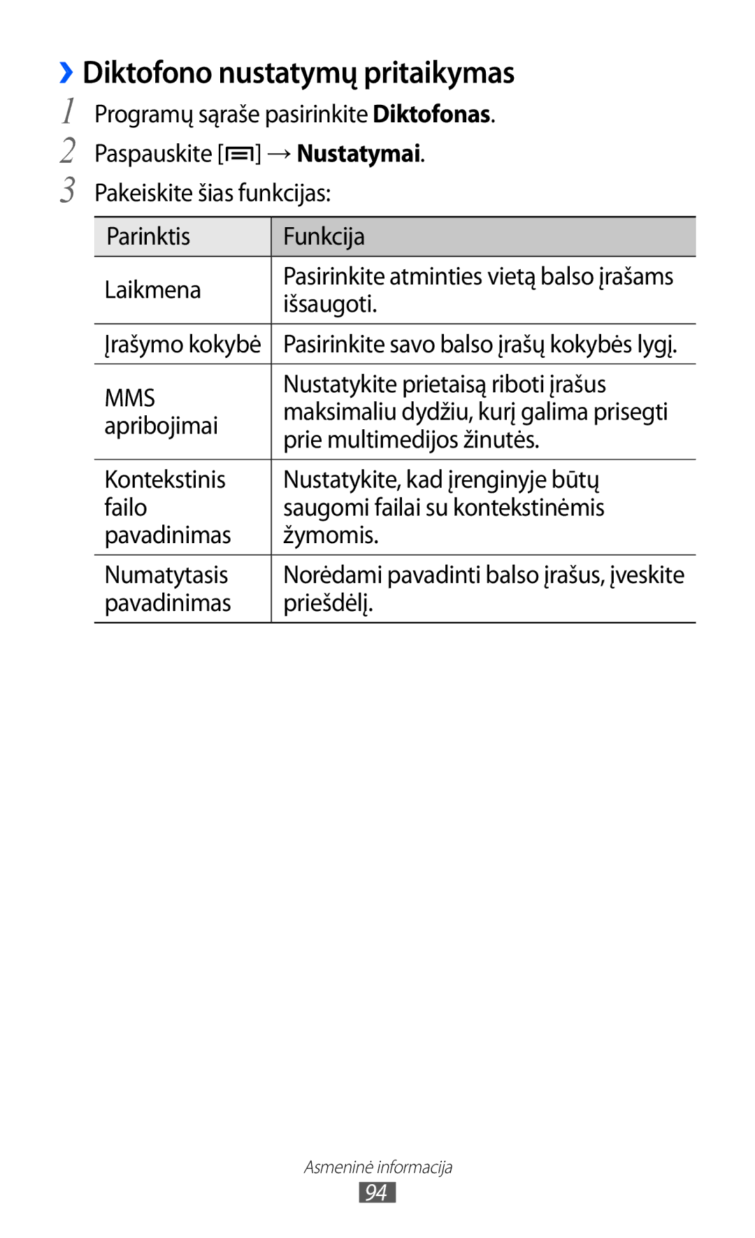 Samsung GT-I9100OIASEB, GT-I9100RWASEB, GT-I9100LKASEB manual ››Diktofono nustatymų pritaikymas 