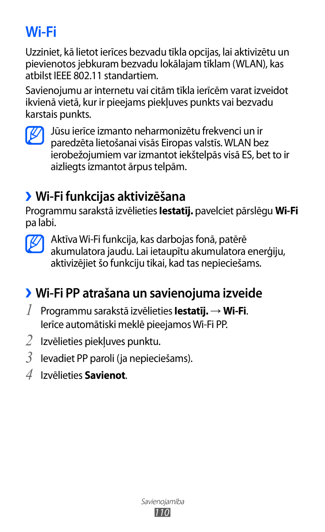 Samsung GT-I9100LKASEB, GT-I9100RWASEB manual ››Wi-Fi funkcijas aktivizēšana, ››Wi-Fi PP atrašana un savienojuma izveide 