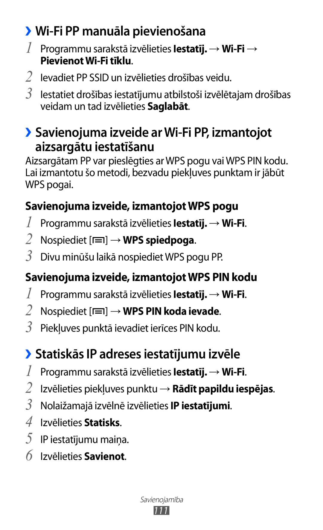 Samsung GT-I9100RWASEB, GT-I9100OIASEB manual ››Wi-Fi PP manuāla pievienošana, ››Statiskās IP adreses iestatījumu izvēle 