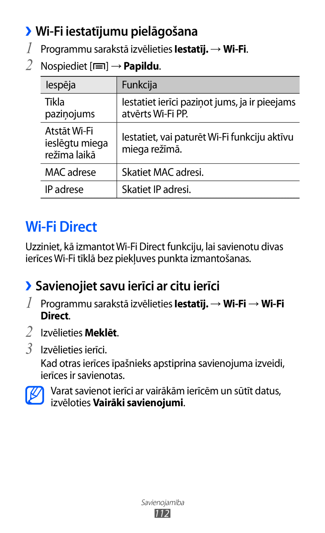 Samsung GT-I9100OIASEB manual Wi-Fi Direct, ››Wi-Fi iestatījumu pielāgošana, ››Savienojiet savu ierīci ar citu ierīci 