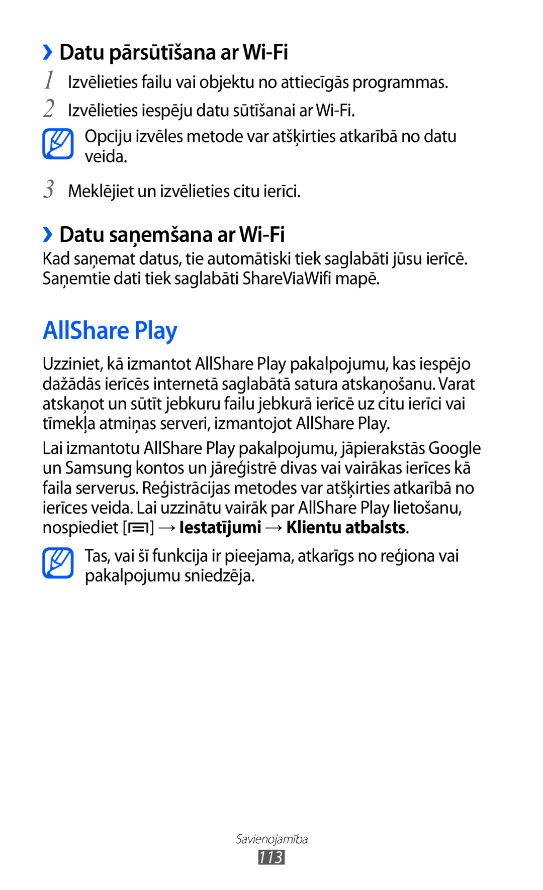 Samsung GT-I9100LKASEB, GT-I9100RWASEB manual AllShare Play, ››Datu pārsūtīšana ar Wi-Fi, ››Datu saņemšana ar Wi-Fi 