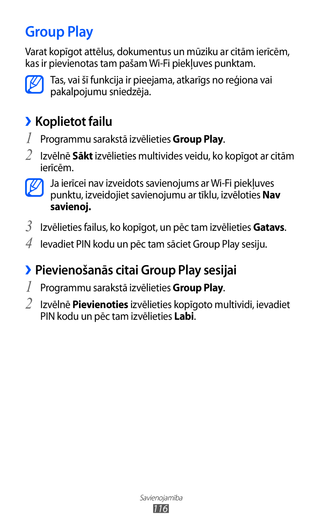 Samsung GT-I9100LKASEB, GT-I9100RWASEB, GT-I9100OIASEB manual ››Koplietot failu, ››Pievienošanās citai Group Play sesijai 