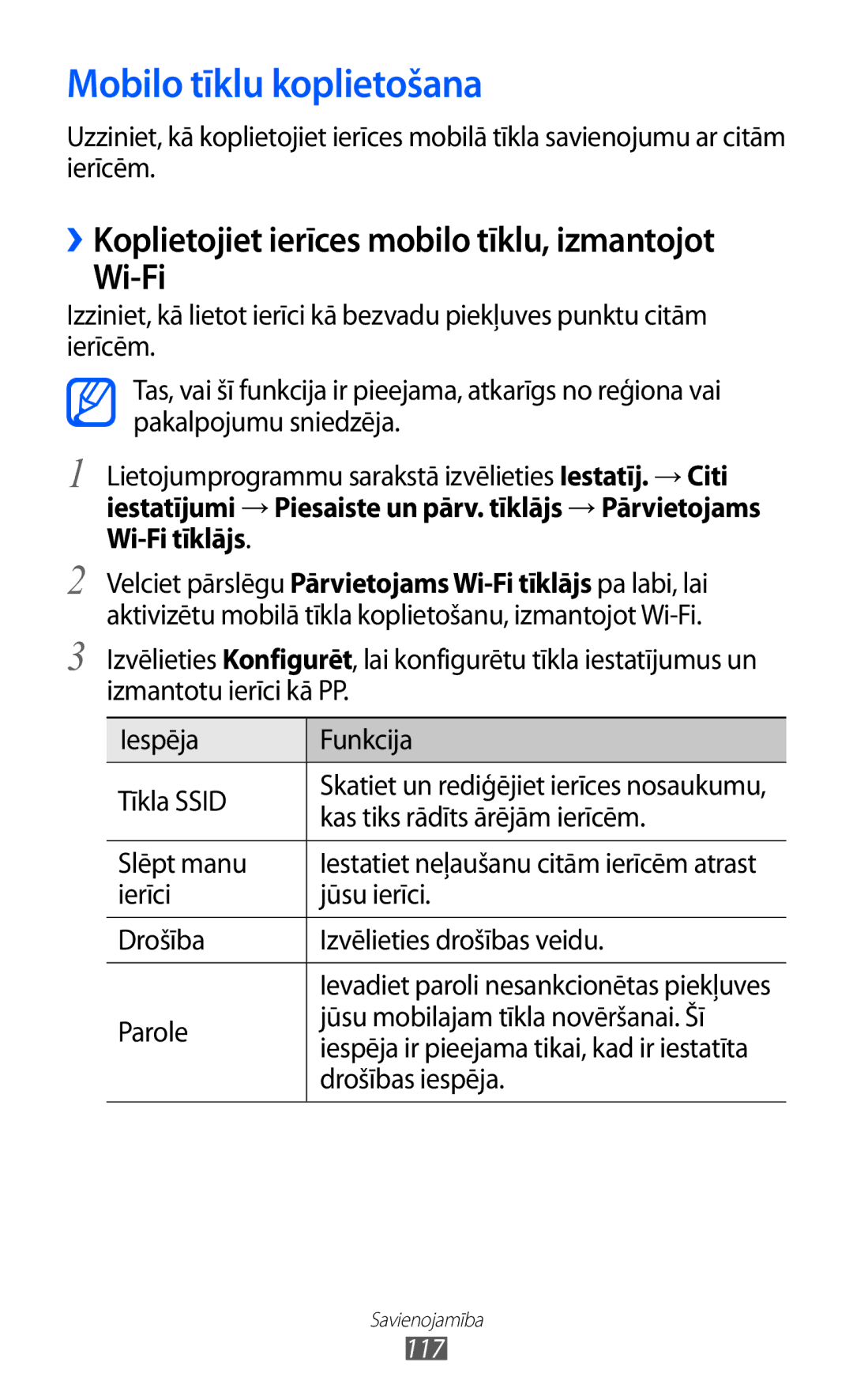 Samsung GT-I9100RWASEB, GT-I9100OIASEB Mobilo tīklu koplietošana, ››Koplietojiet ierīces mobilo tīklu, izmantojot Wi-Fi 