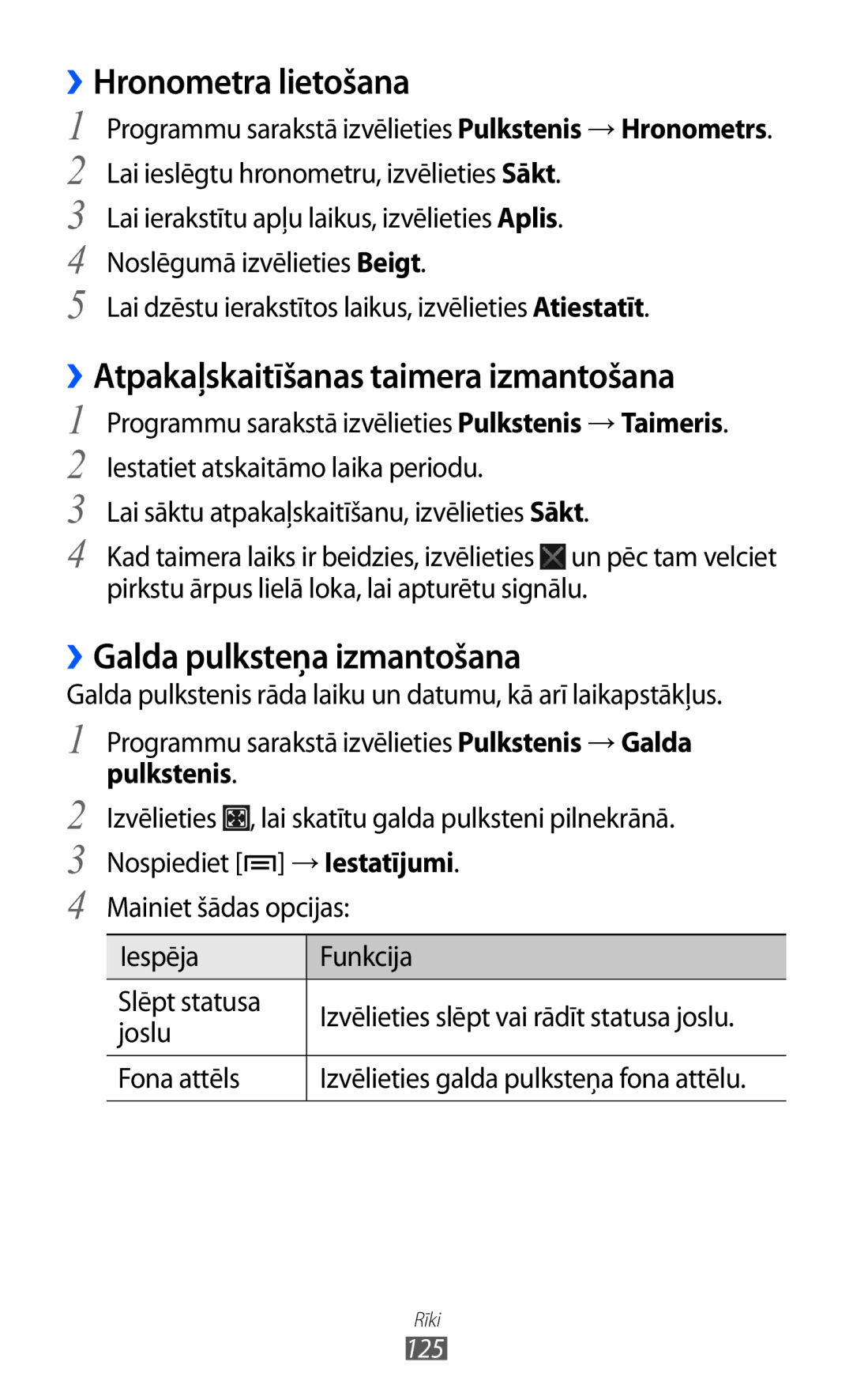 Samsung GT-I9100LKASEB ››Hronometra lietošana, ››Atpakaļskaitīšanas taimera izmantošana, ››Galda pulksteņa izmantošana 