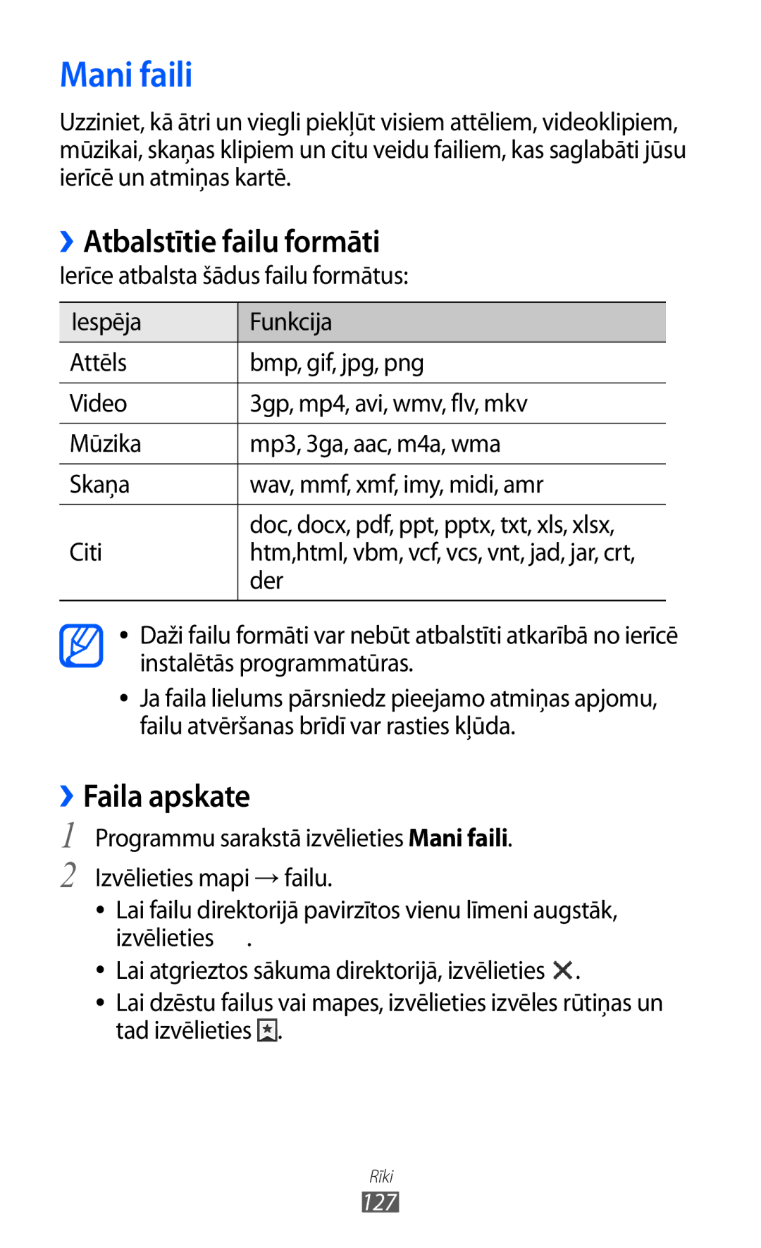 Samsung GT-I9100OIASEB, GT-I9100RWASEB, GT-I9100LKASEB manual Mani faili, ››Atbalstītie failu formāti, ››Faila apskate, Der 