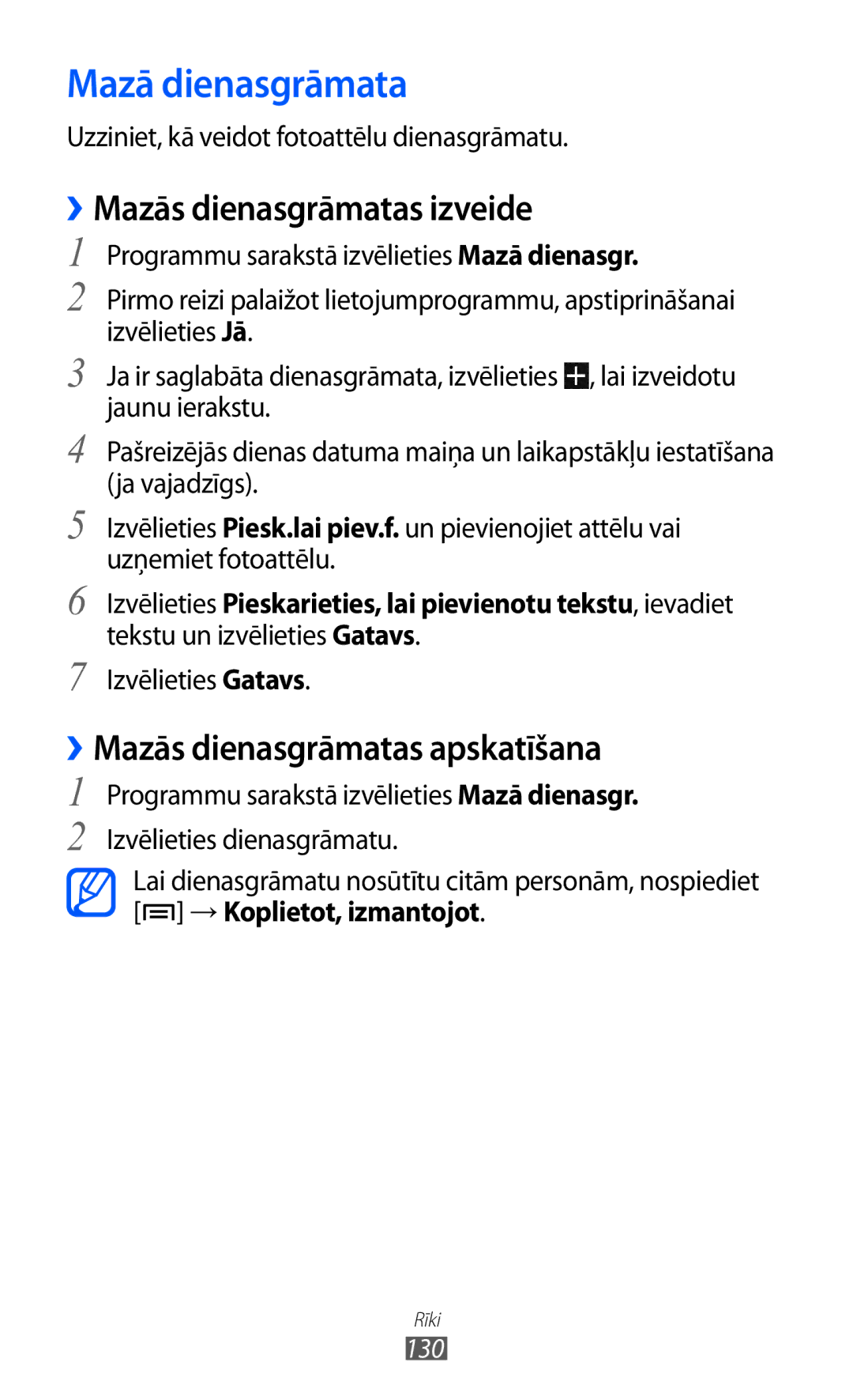 Samsung GT-I9100OIASEB manual Mazā dienasgrāmata, ››Mazās dienasgrāmatas izveide, ››Mazās dienasgrāmatas apskatīšana 