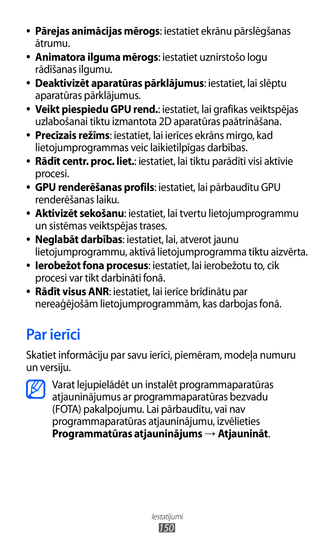 Samsung GT-I9100RWASEB, GT-I9100OIASEB manual Par ierīci, Aparatūras pārklājumus, Programmatūras atjauninājums →Atjaunināt 