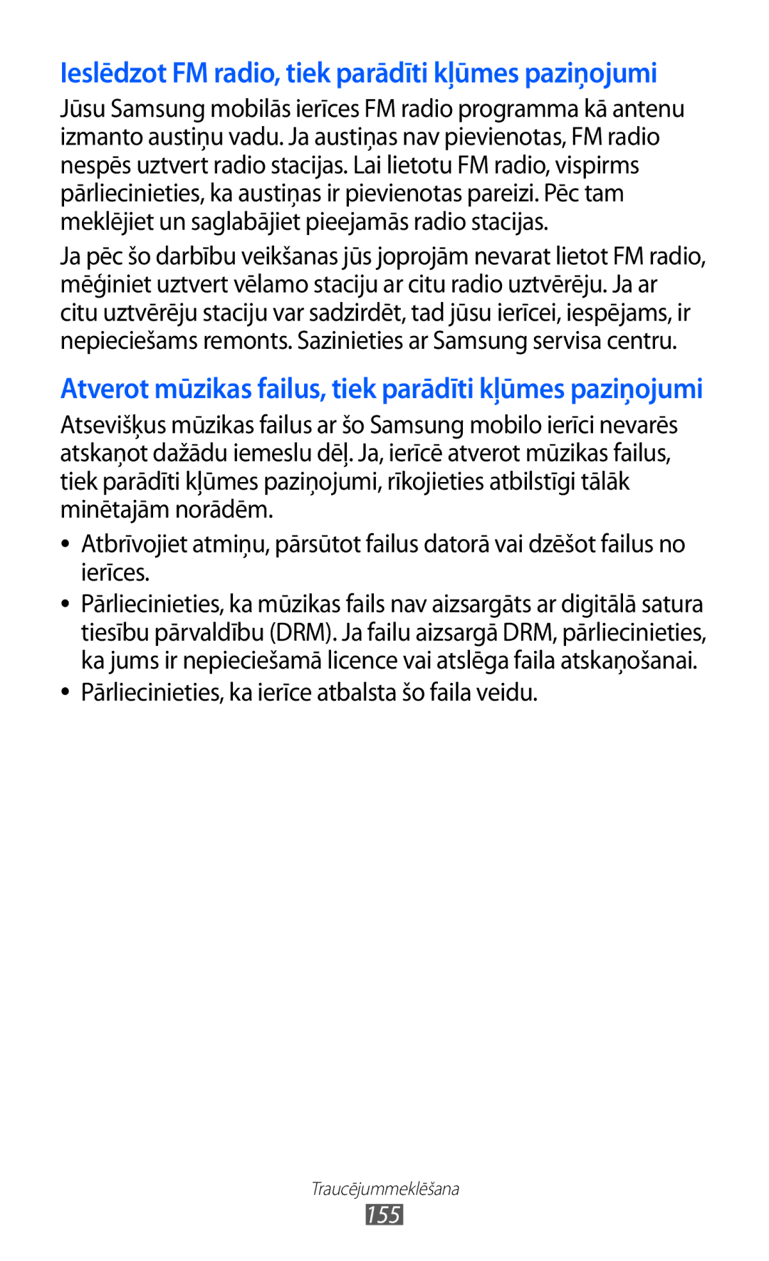 Samsung GT-I9100LKASEB, GT-I9100RWASEB, GT-I9100OIASEB manual Ieslēdzot FM radio, tiek parādīti kļūmes paziņojumi 