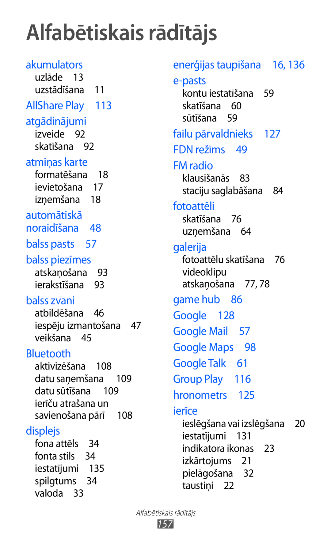 Samsung GT-I9100OIASEB, GT-I9100RWASEB, GT-I9100LKASEB manual Alfabētiskais rādītājs, 127 