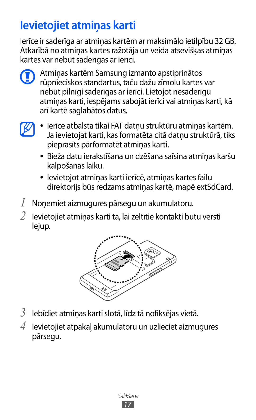 Samsung GT-I9100LKASEB, GT-I9100RWASEB, GT-I9100OIASEB manual Ievietojiet atmiņas karti 