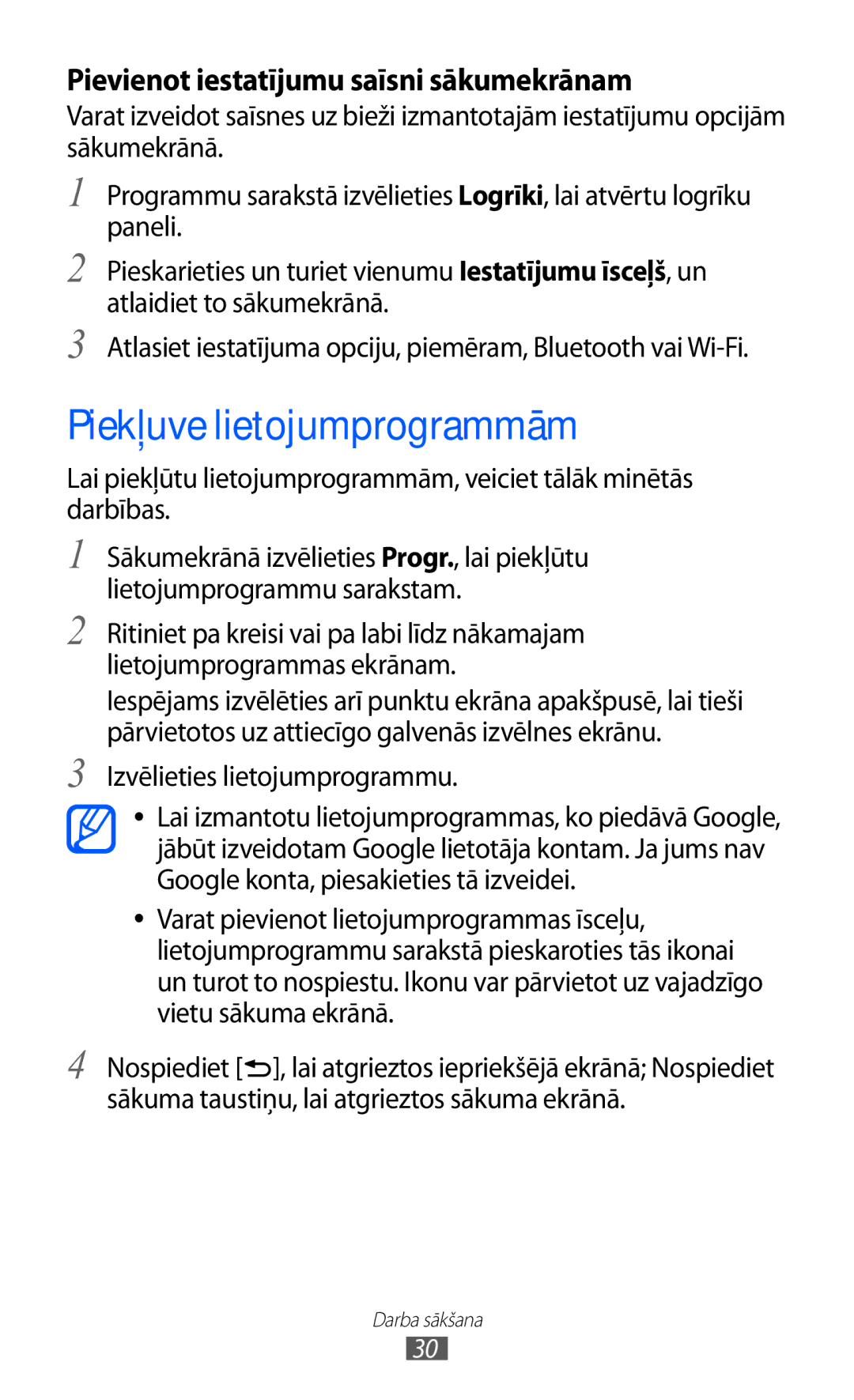 Samsung GT-I9100RWASEB, GT-I9100OIASEB manual Piekļuve lietojumprogrammām, Pievienot iestatījumu saīsni sākumekrānam 