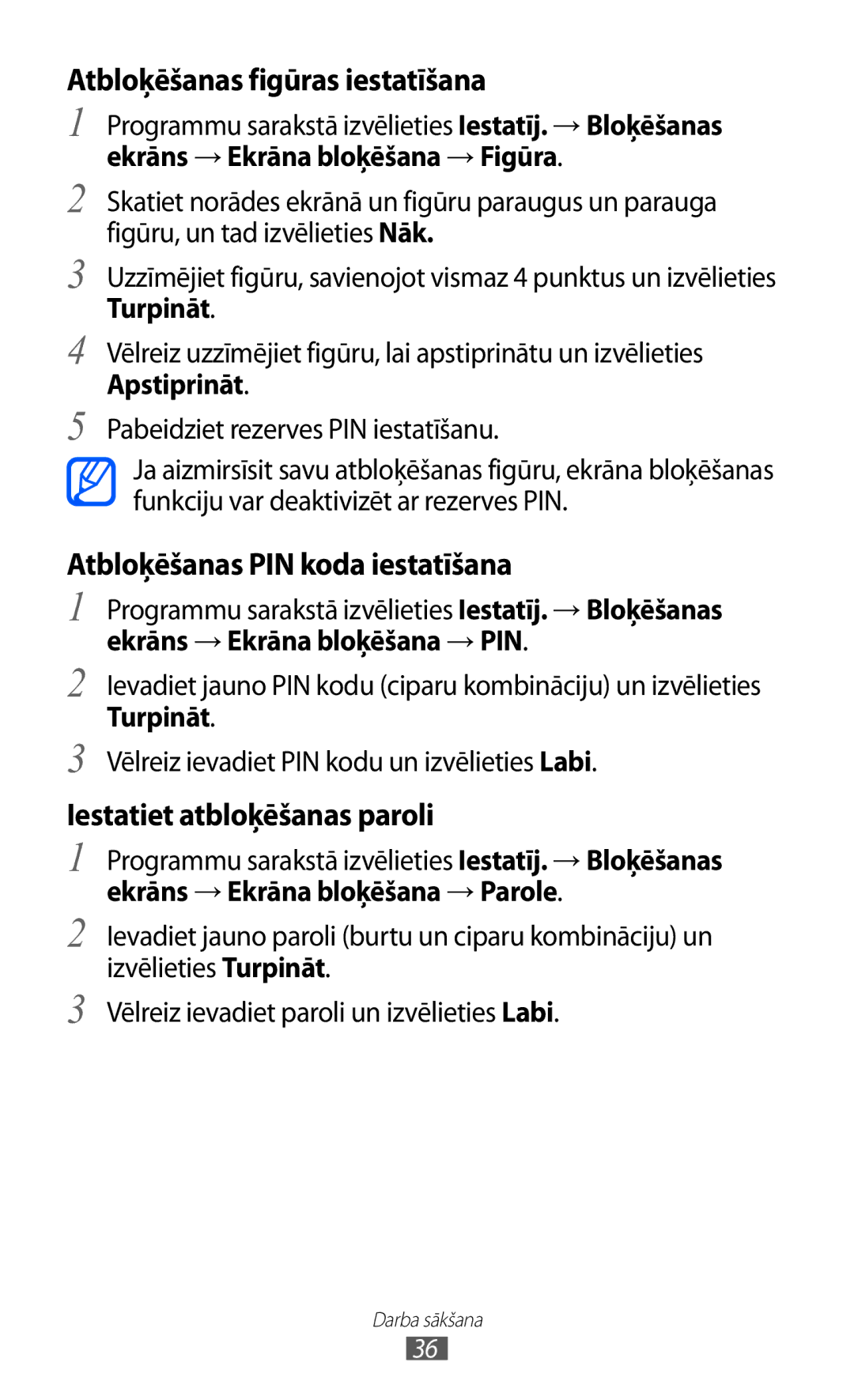 Samsung GT-I9100RWASEB Atbloķēšanas figūras iestatīšana, Atbloķēšanas PIN koda iestatīšana, Iestatiet atbloķēšanas paroli 