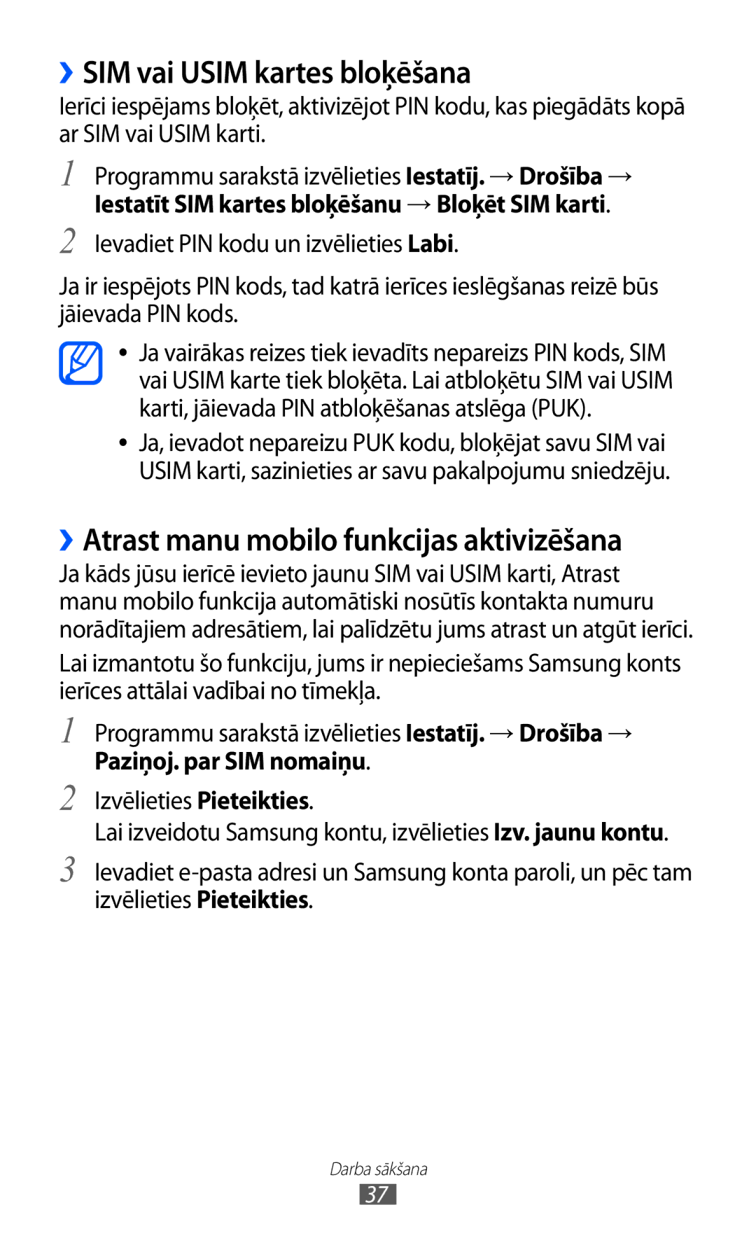Samsung GT-I9100OIASEB, GT-I9100RWASEB manual ››SIM vai Usim kartes bloķēšana, ››Atrast manu mobilo funkcijas aktivizēšana 
