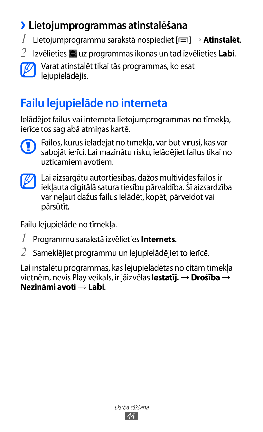 Samsung GT-I9100LKASEB manual Failu lejupielāde no interneta, ››Lietojumprogrammas atinstalēšana, Nezināmi avoti →Labi 